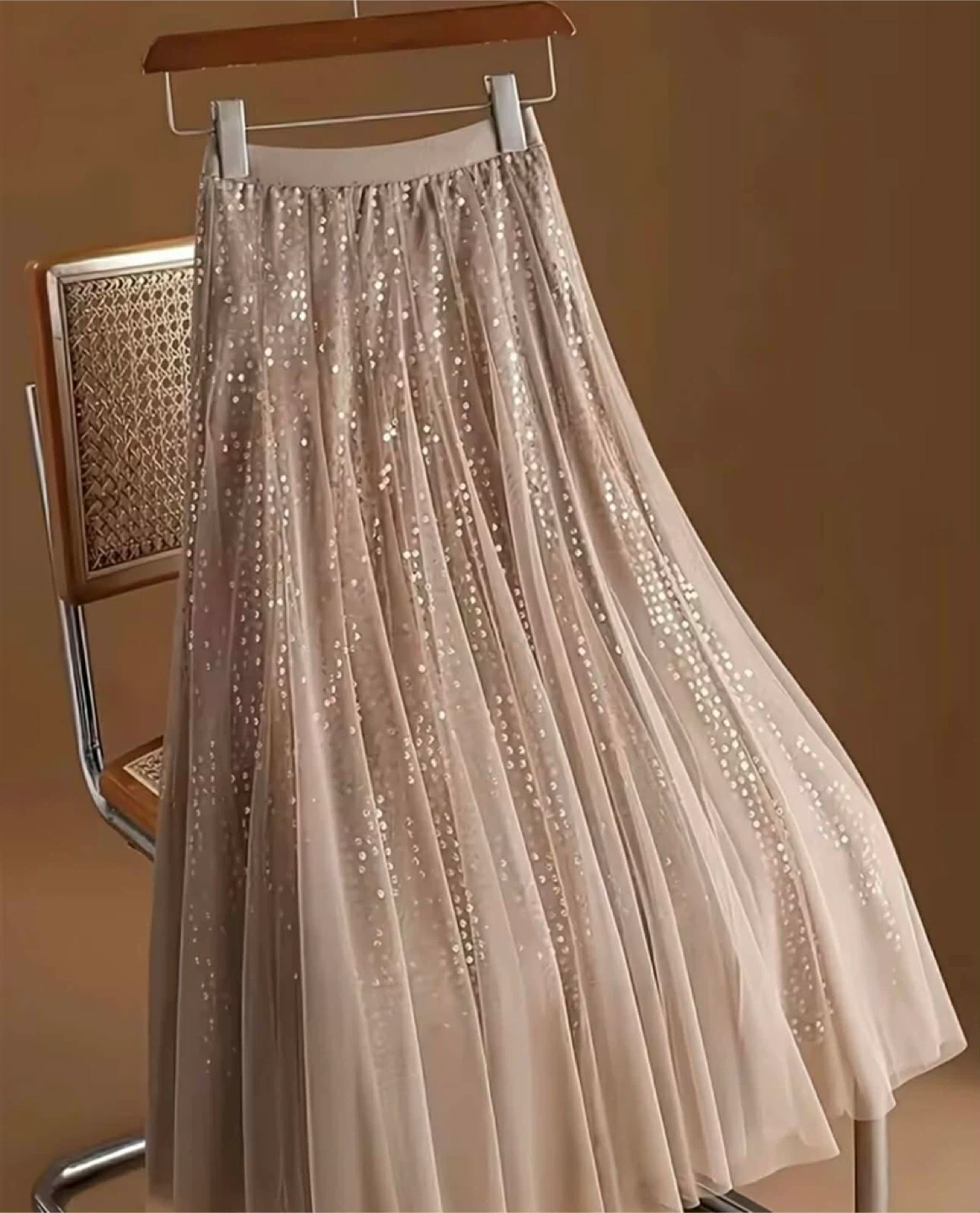 Sparkly Tulle Maxi Skirt - Beige