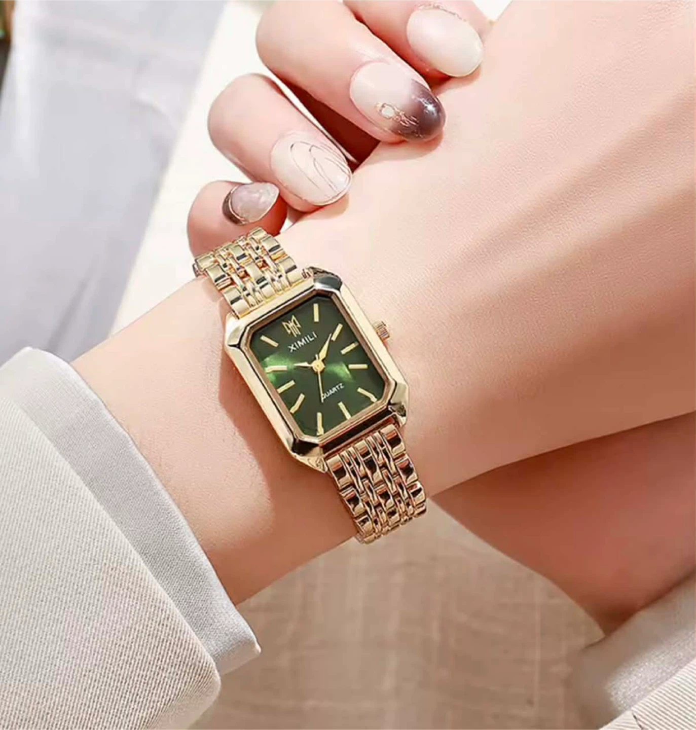 XIMILI Women's Gold Tone Rectangle Watch - Green Dial