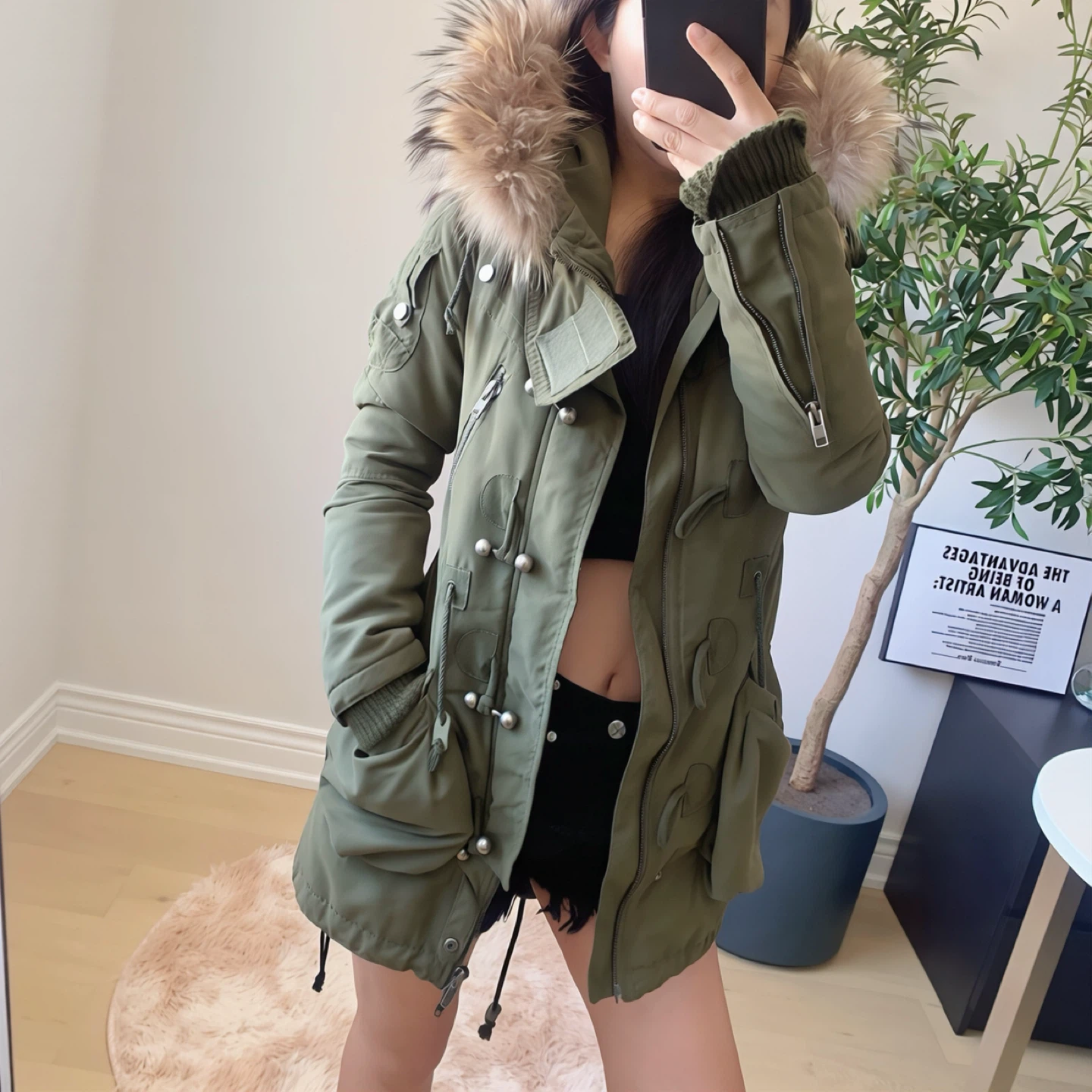 SLY Japan Olive Green Slim Parka | Removable Lining