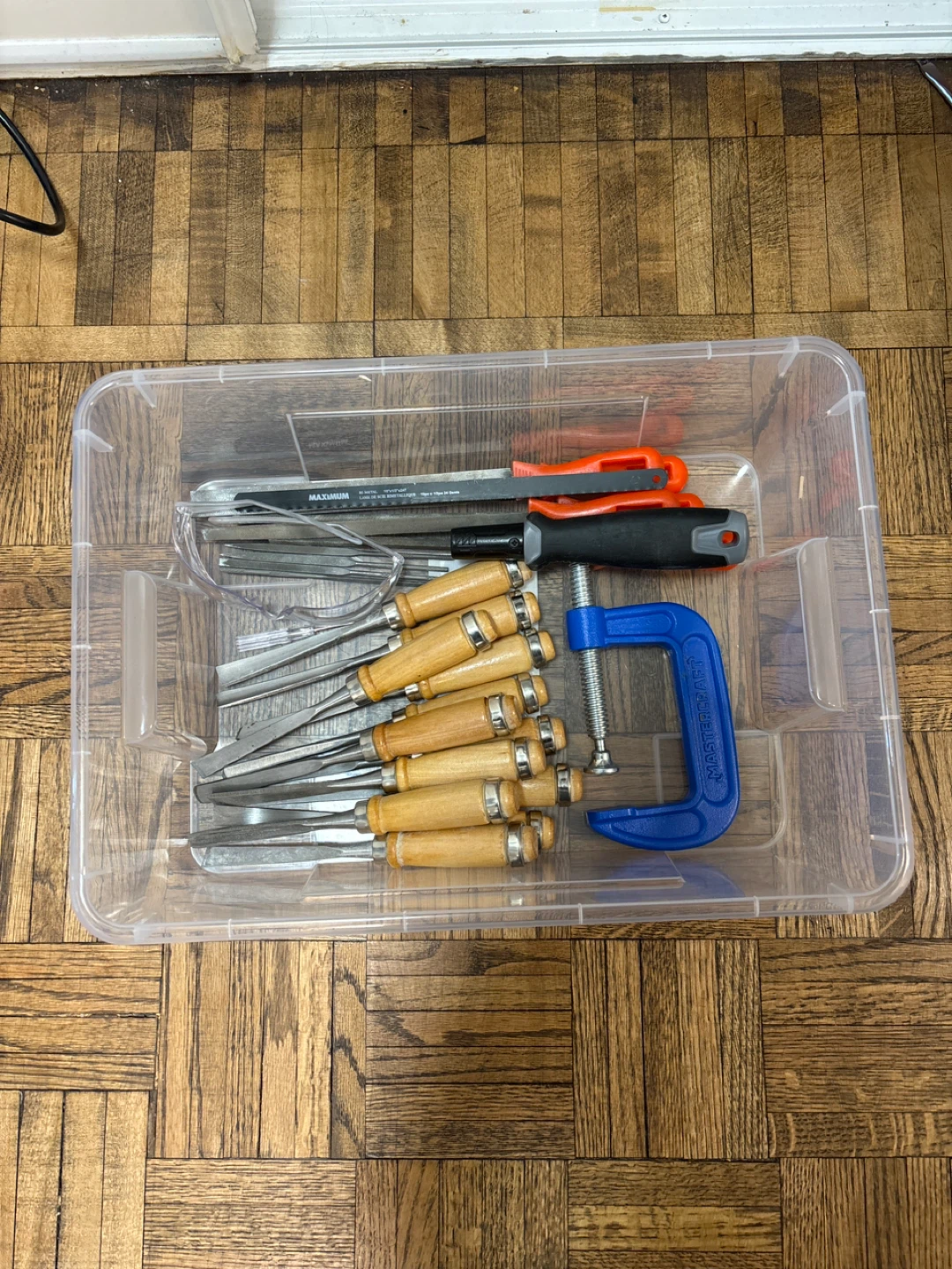 Wood Carving Set with Chisels, Files, Saw, and Clamp