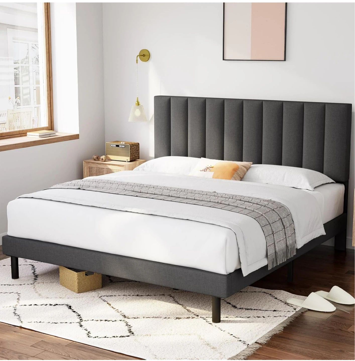 King Size Upholstered Platform Bed Frame with Headboard