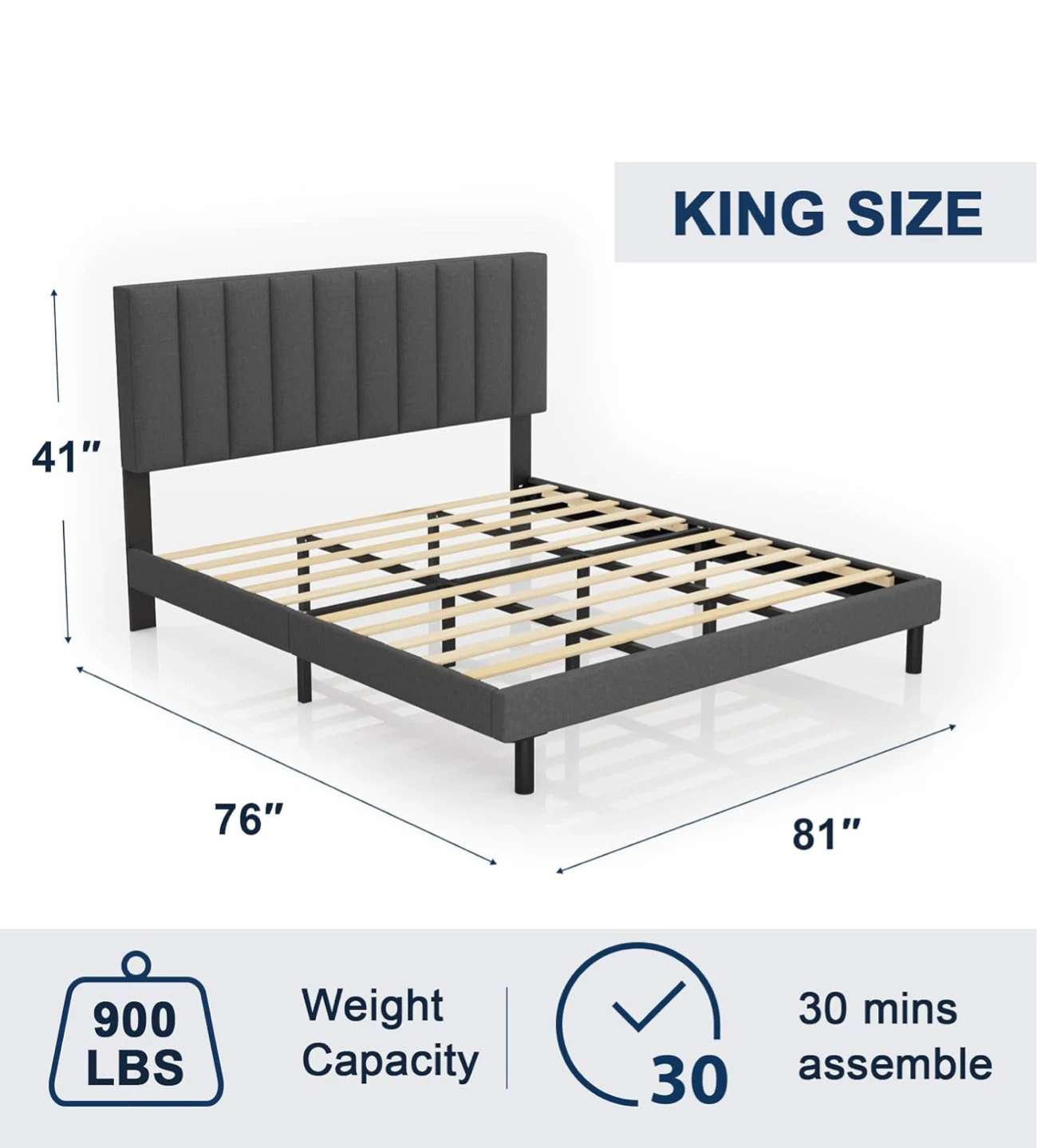 King Size Upholstered Platform Bed Frame with Headboard - photo 2