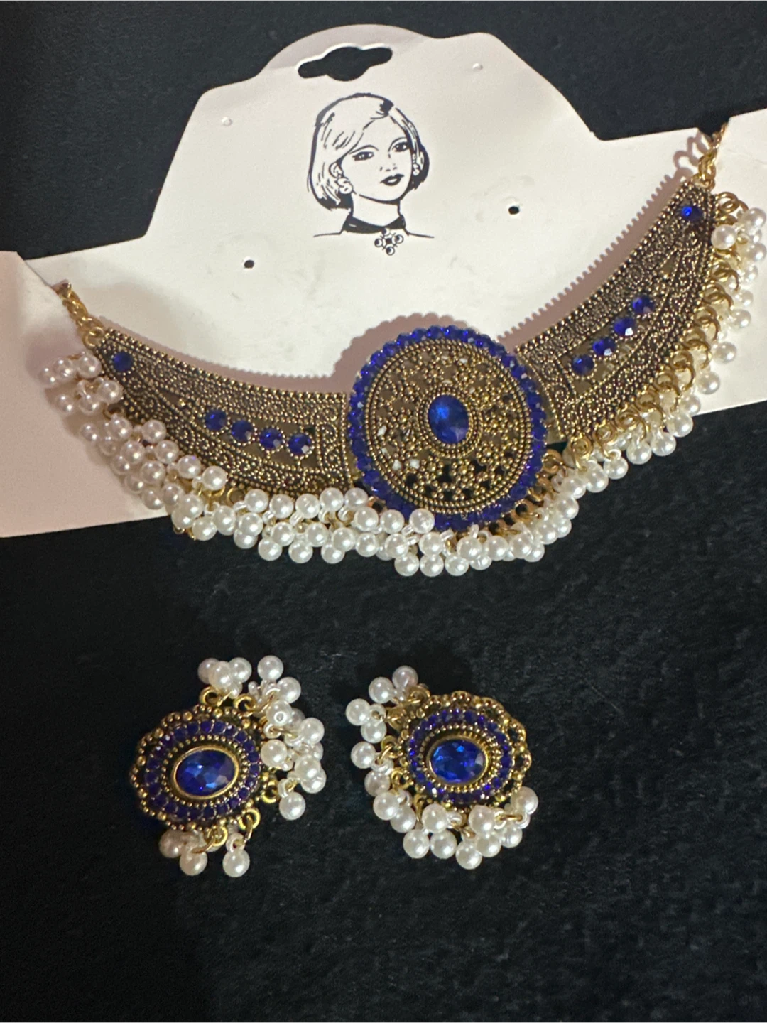 Blue Gemstone and Pearl Choker Necklace with Earrings Set