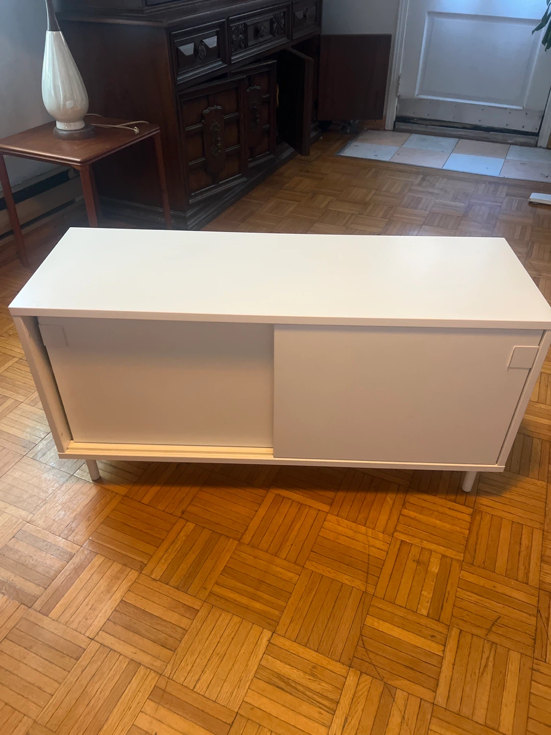 White Storage Cabinet with Sliding Doors