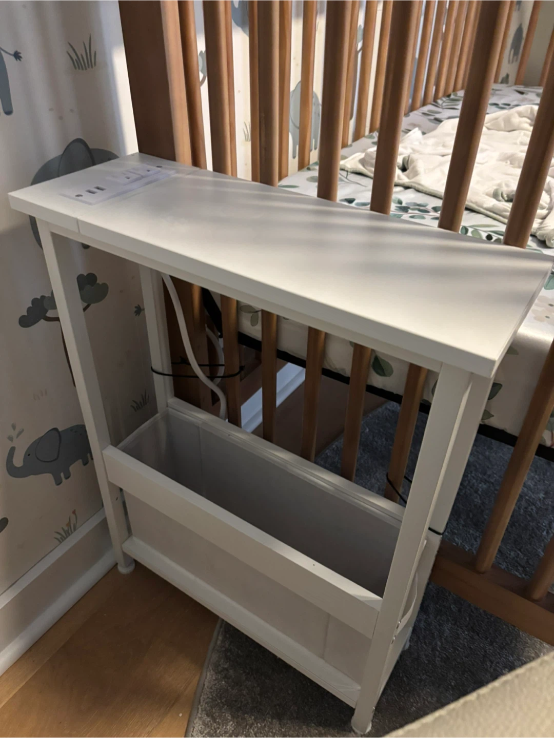 White Bedside Table with Integrated Power Outlets and USB Ports