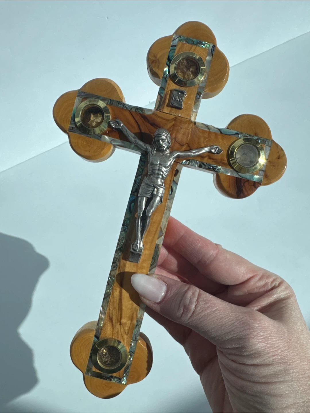 Wooden Crucifix with Relics and Abalone Inlay