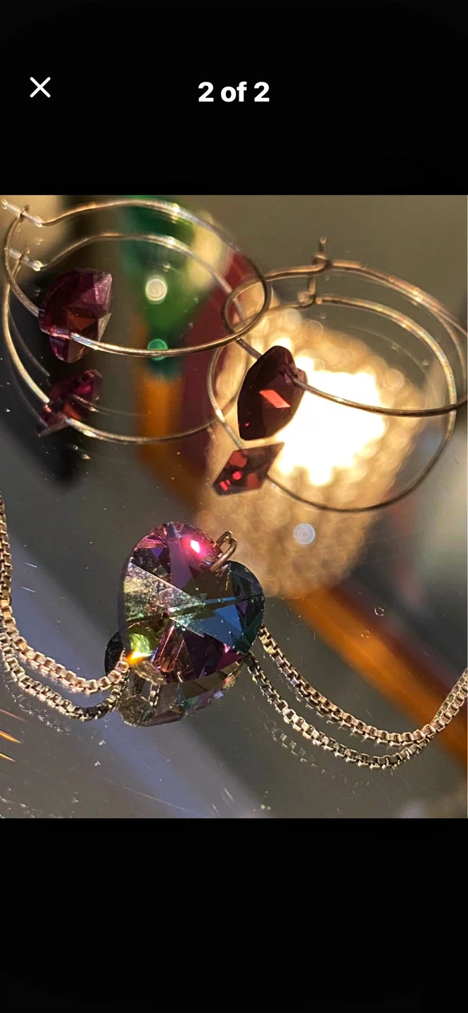 💜Swarovski Crystal Purple Heart Hoop Earrings $ Necklace Set - photo 2