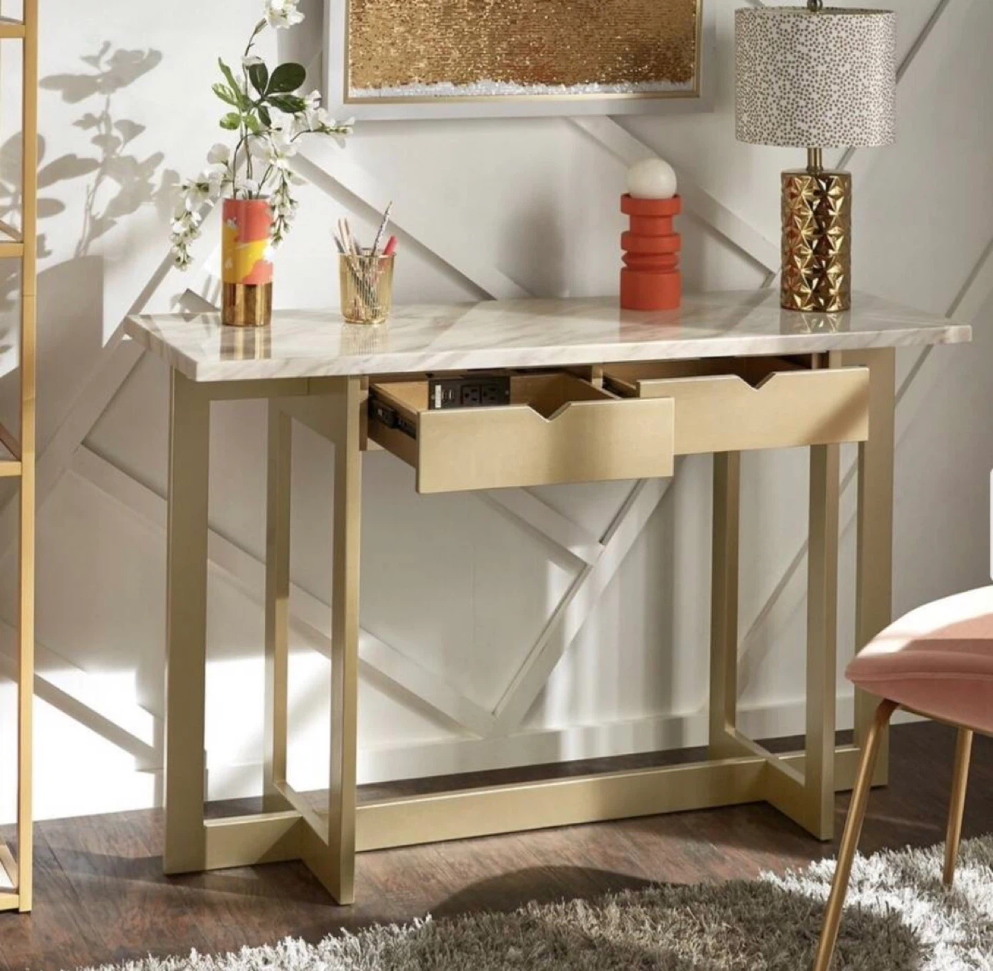 Console Table  Desk Marble Top and Power Outlet 🏆