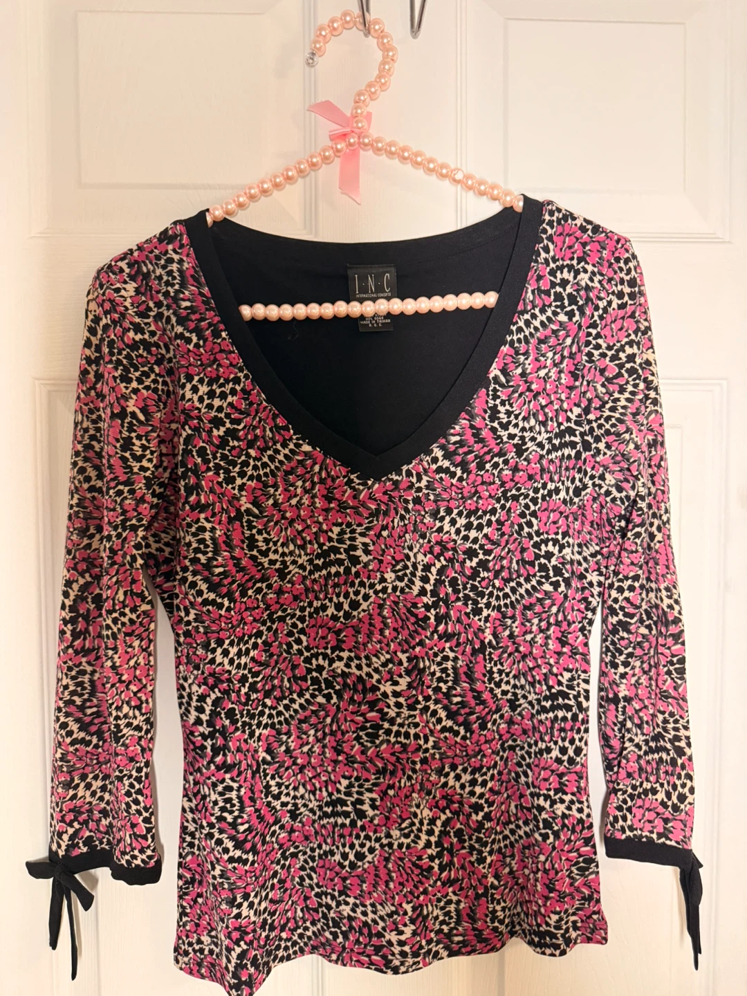 INC International Concepts Pink Black Leopard Print V-Neck Top