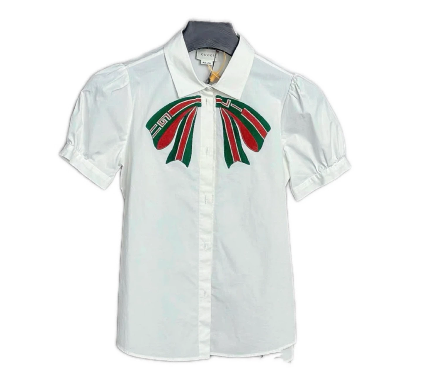 GUCCI White Short Sleeve Shirt with Bow Detail - Size 12