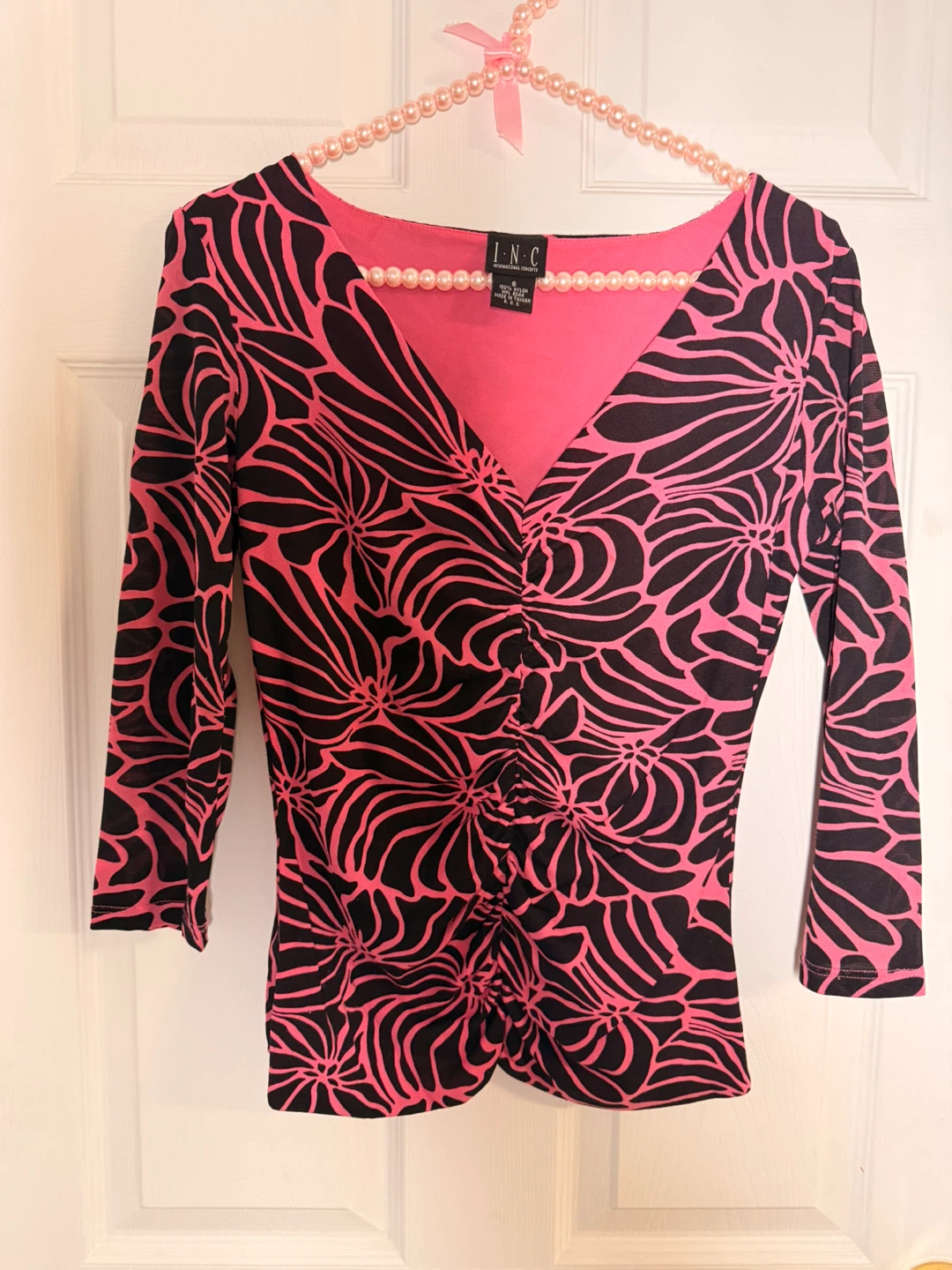 INC International Concepts Pink & Black Floral Ruched Top