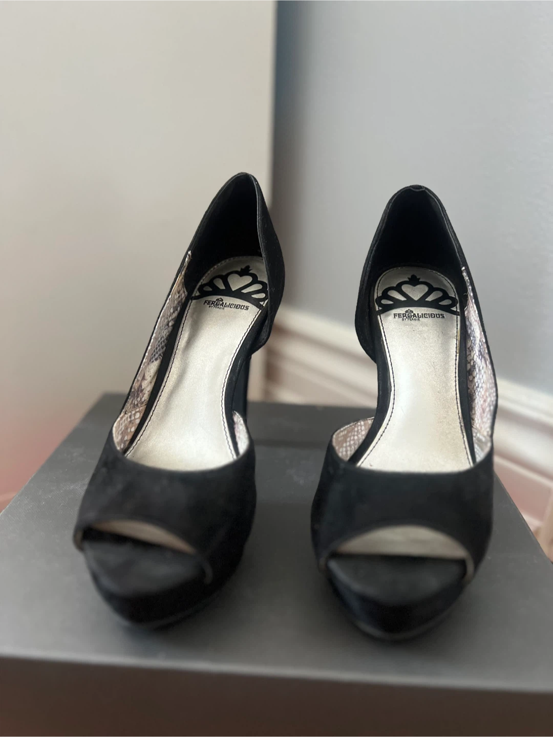 Fergalicious Black Suede Peep-Toe Heels