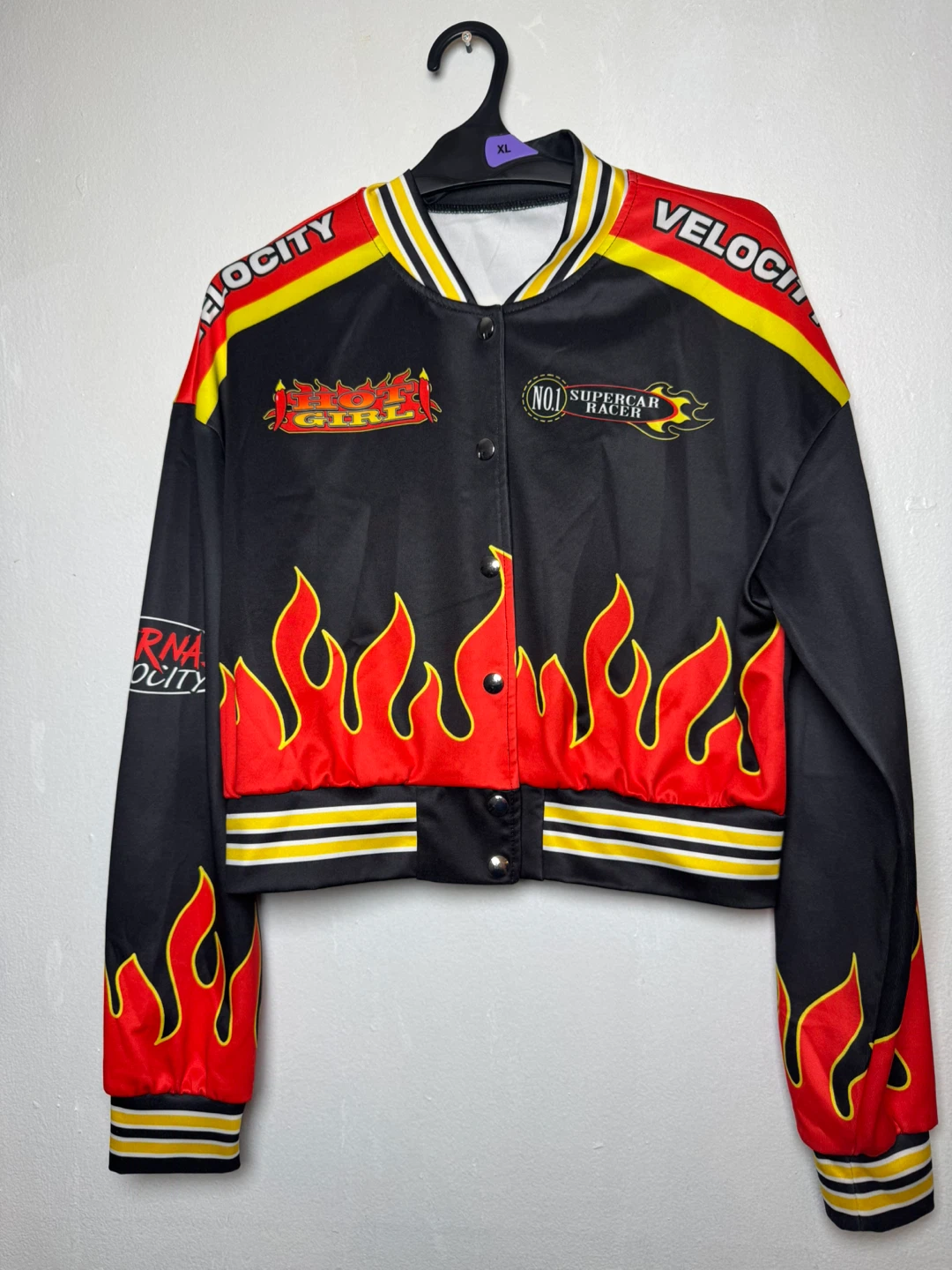 SHEIN Black Flame & Racing Graphic Bomber Jacket
