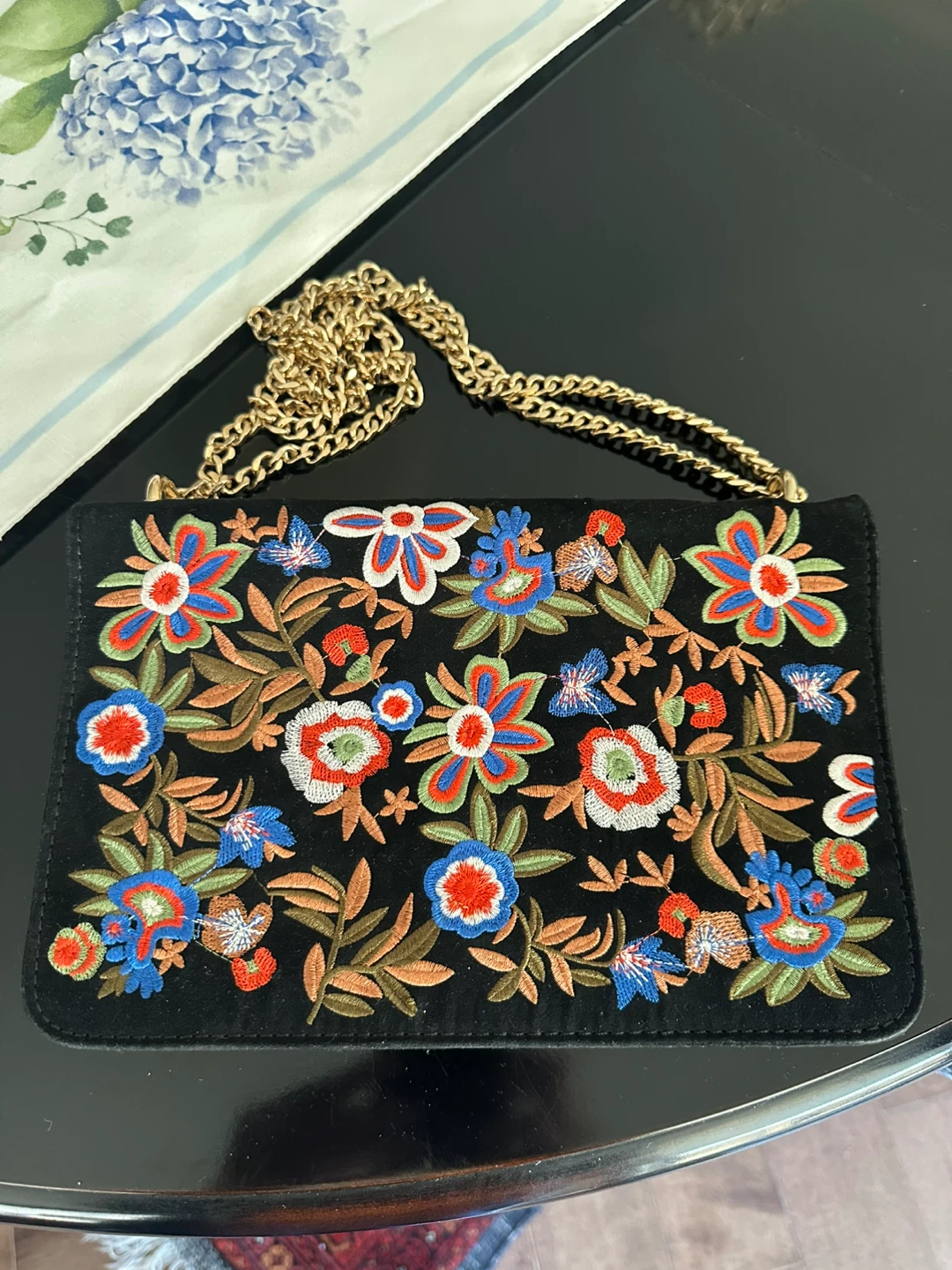 Black Embroidered Clutch with Chain Strap