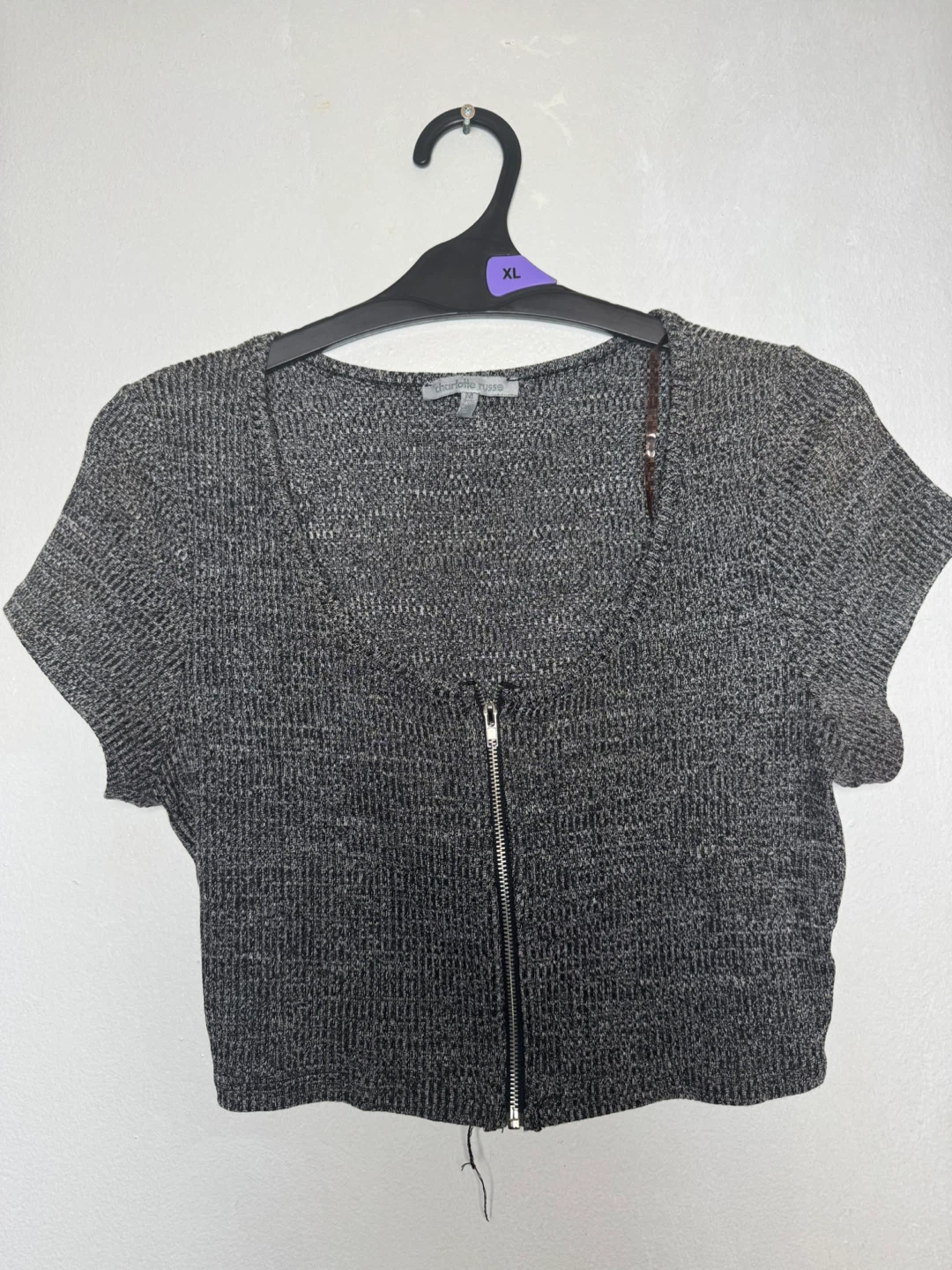 Charlotte Russe Grey Zip Front Cropped Knit Top - XL