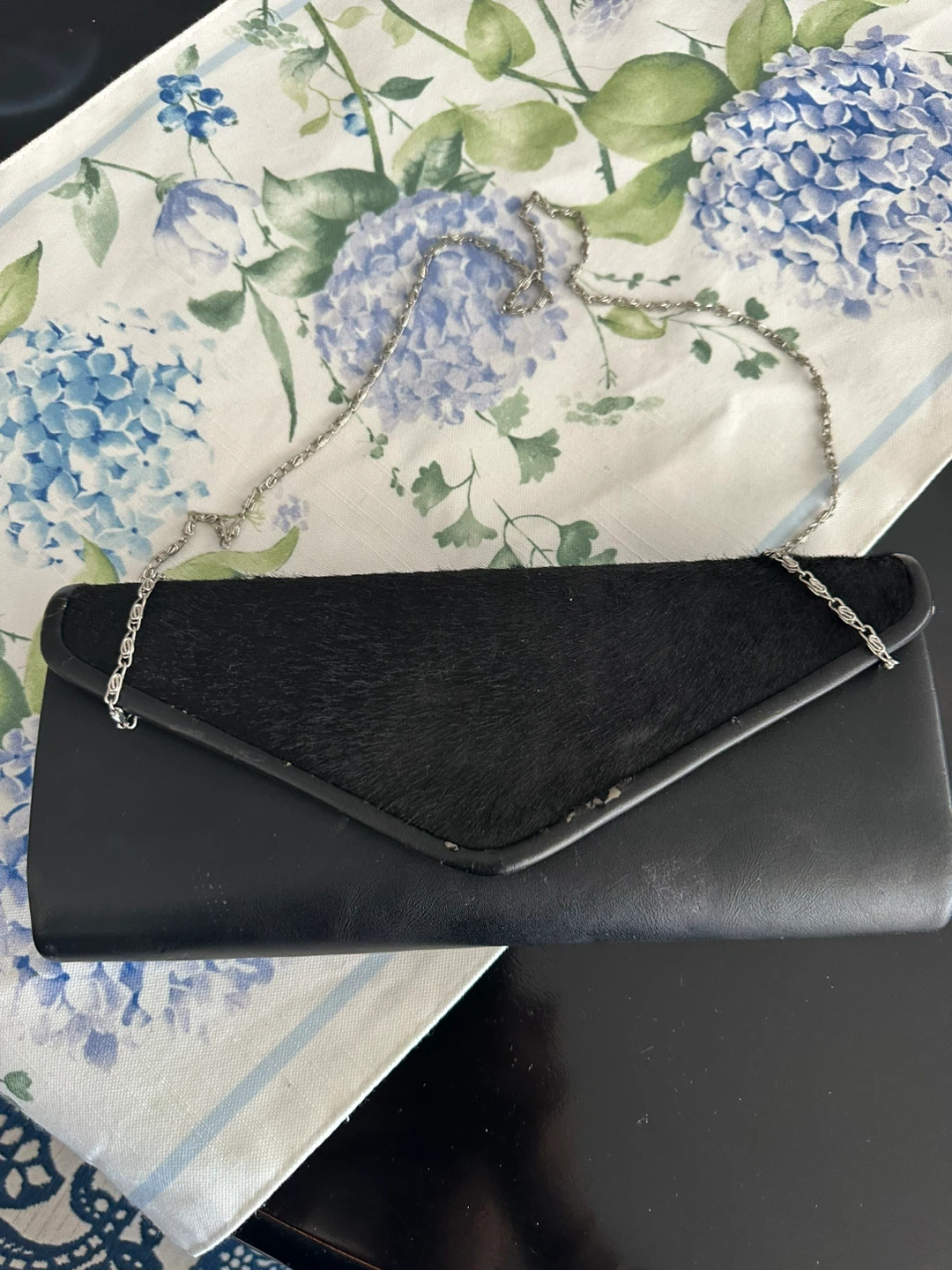 Black clutch with fur accent and chain strap - photo 2