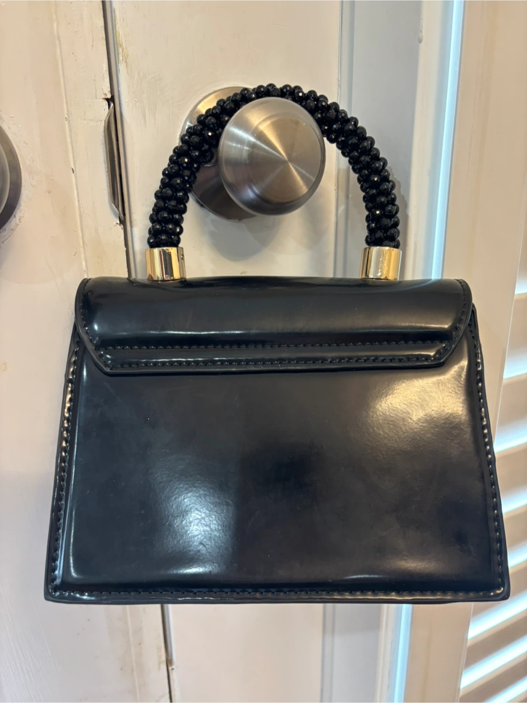 New* ZARA Black Patent Top Handle Bag with Beaded Handle - photo 3