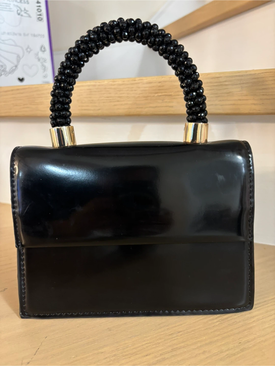 New* ZARA Black Patent Top Handle Bag with Beaded Handle - photo 2