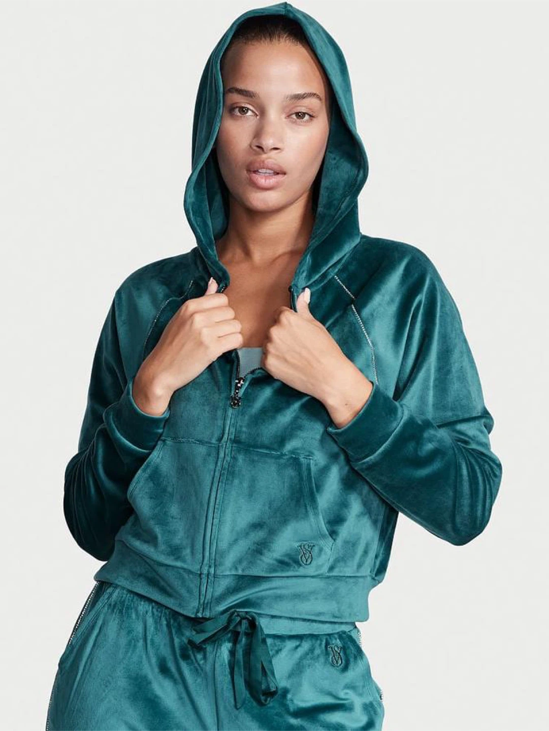 Victoria's Secret Velour Green Set VELVET Full Zip Hoodie Hoodie
