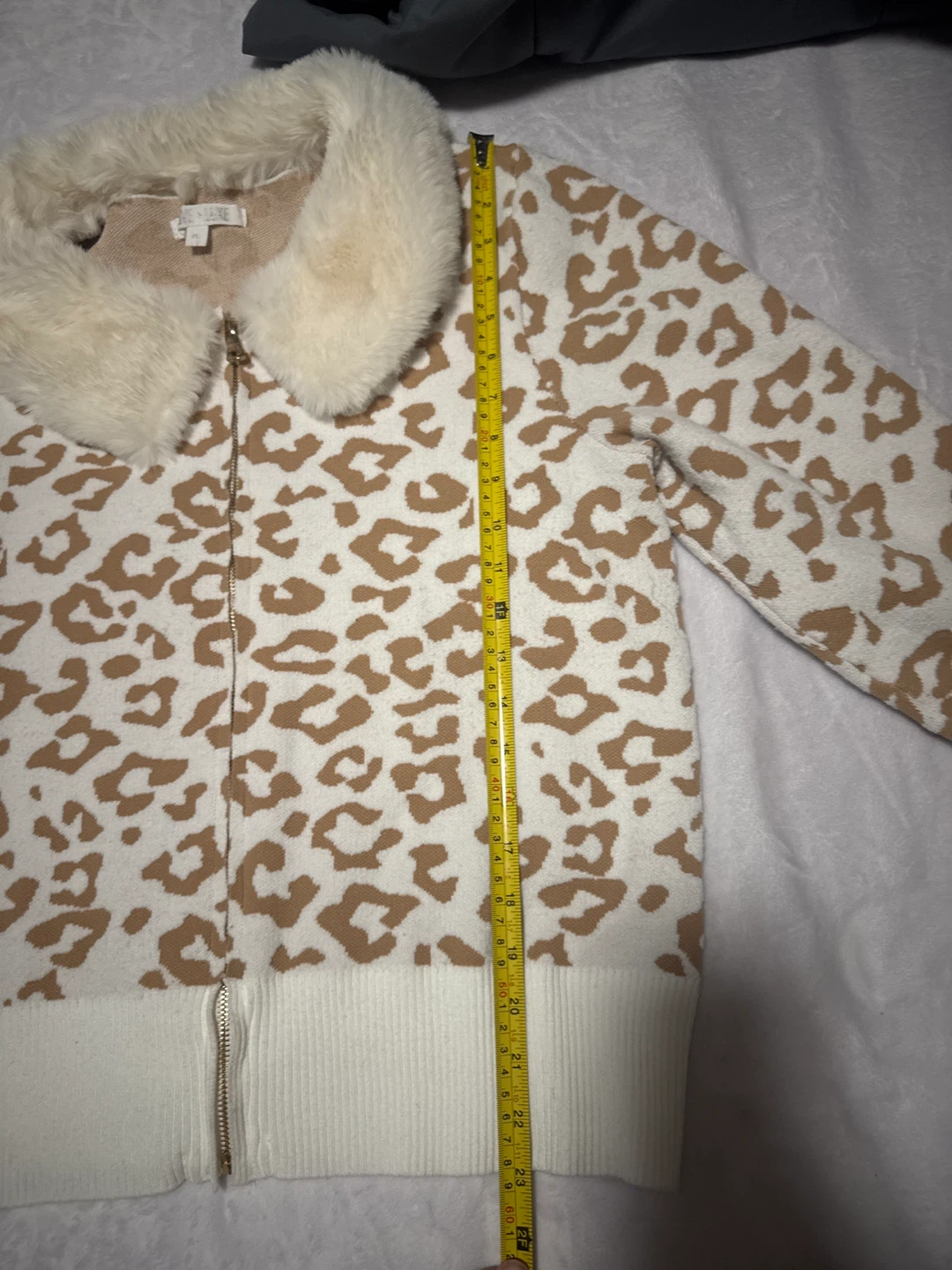 SAVE + LUXE Leopard Print Faux Fur Collar Zip-Up Sweater Jacket
