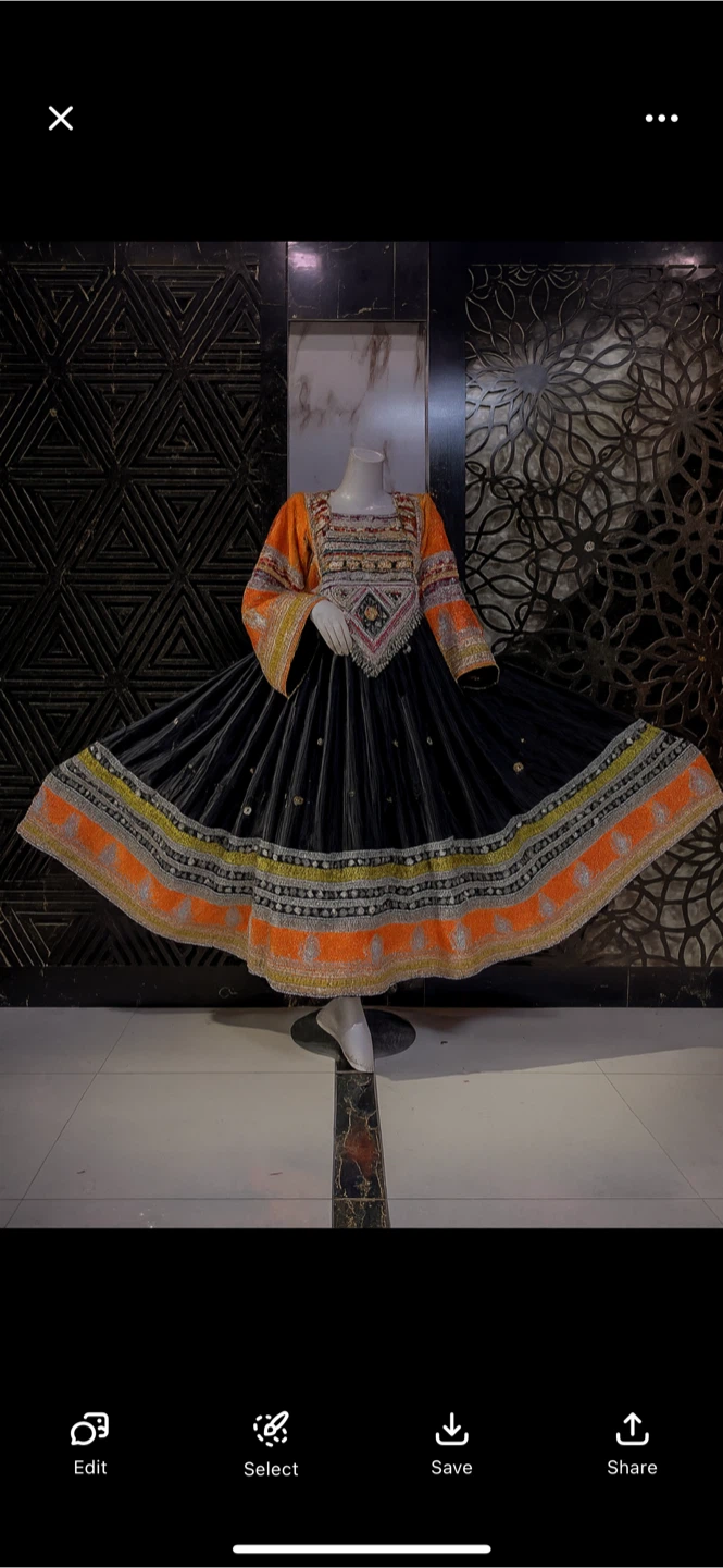 Black Traditional Afghan Dress with Orange Trim