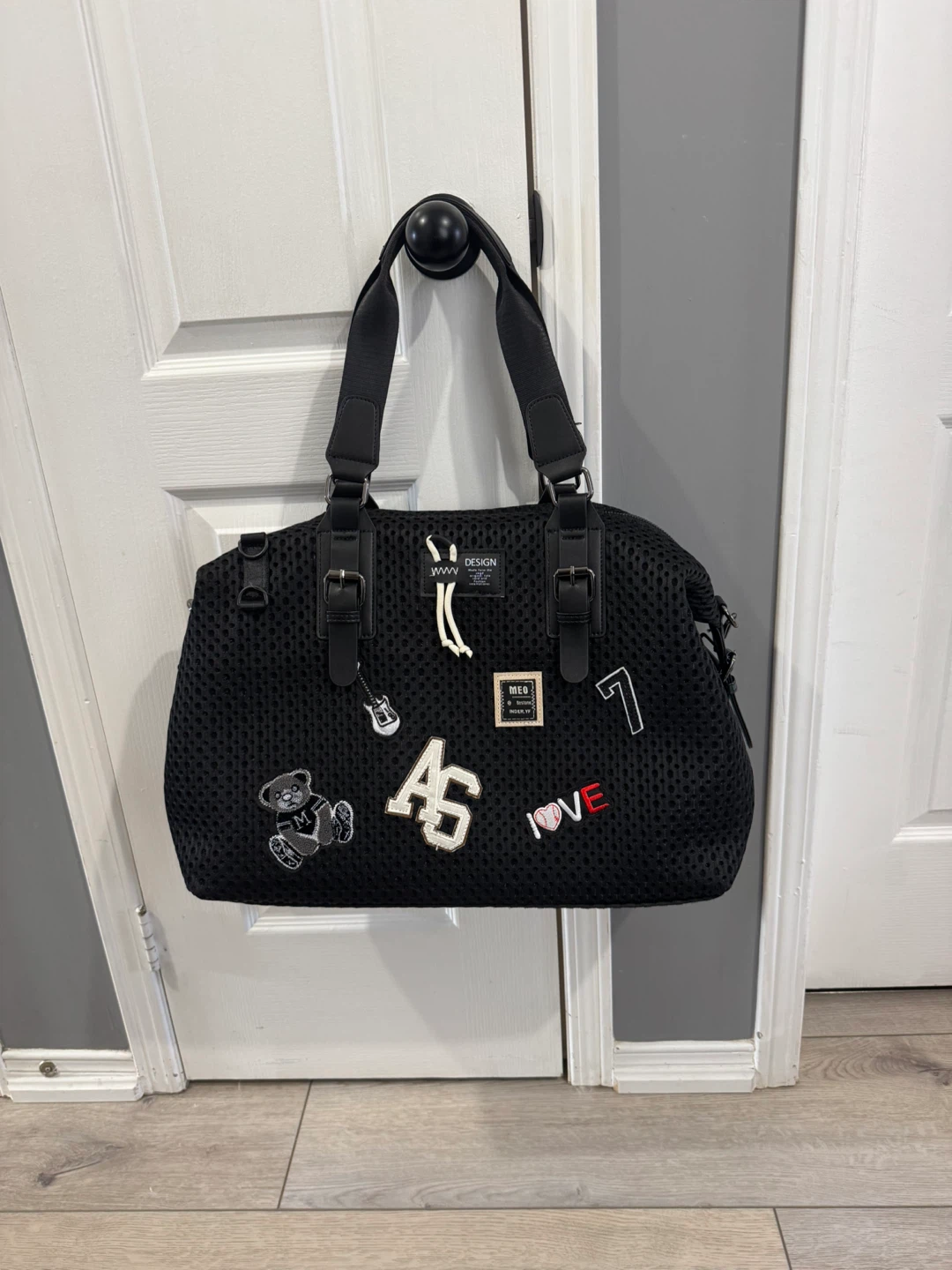 Black Mesh Duffle Bag with Patches