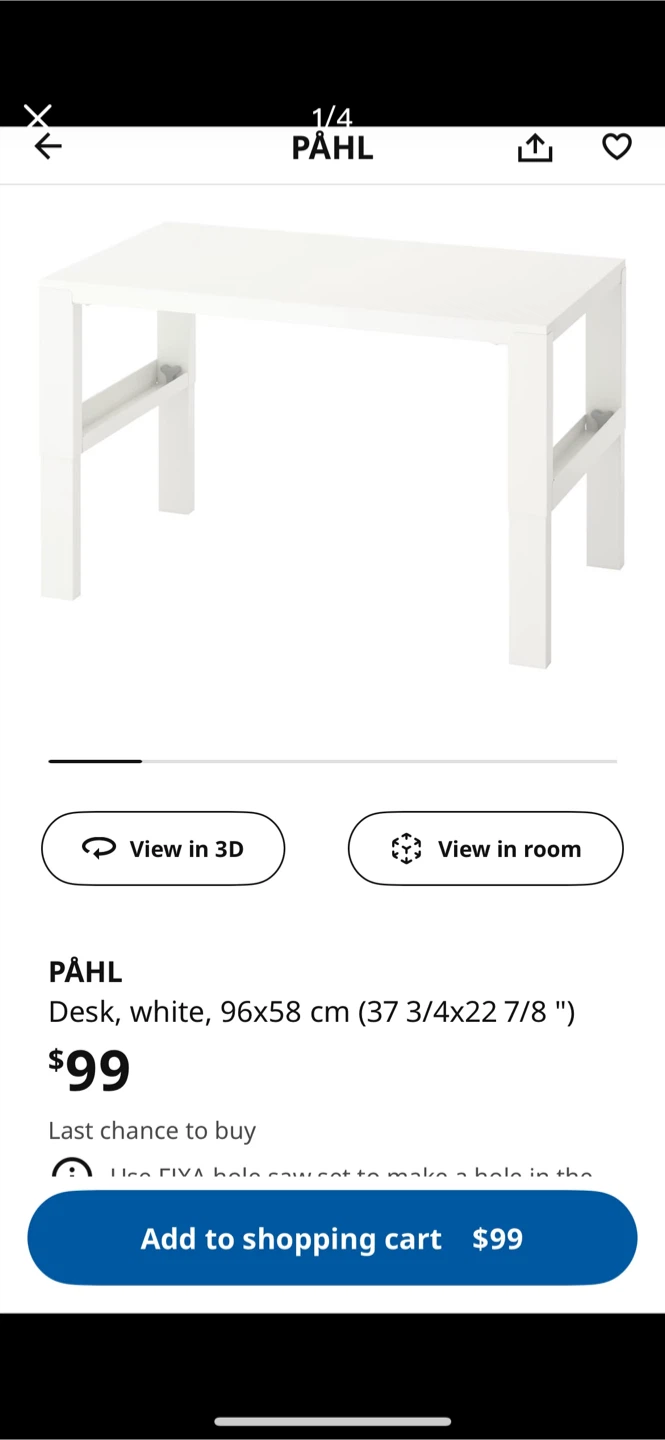 IKEA Adjustable PÅHL Desk White 96x58 cm