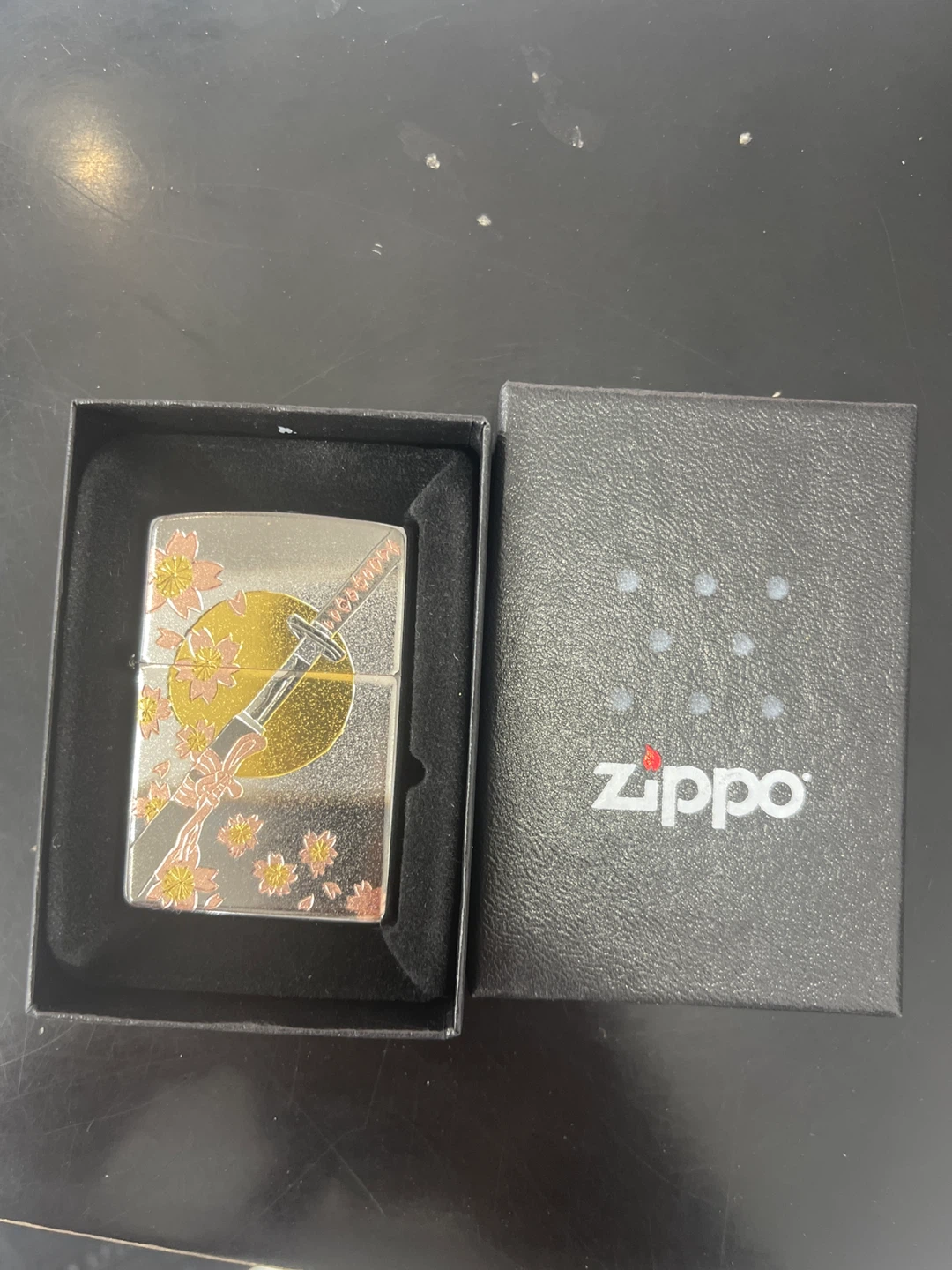 Zippo Lighter with Cherry Blossom and Sword Design