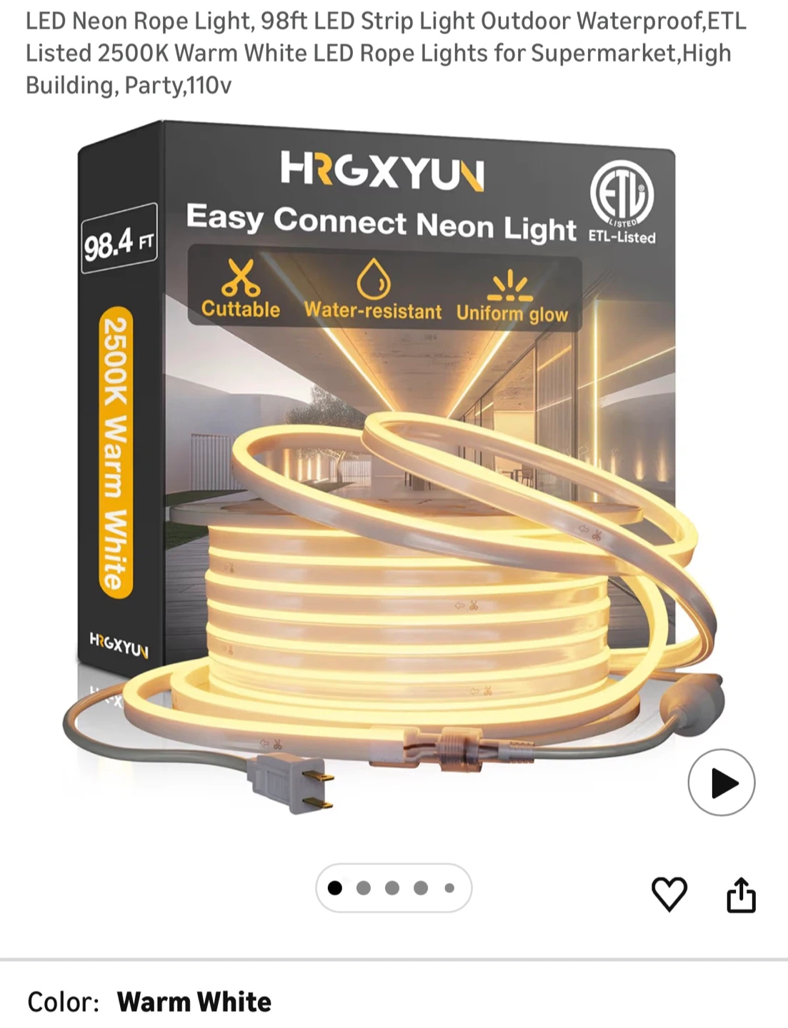 HRGXYUN 98.4ft Warm White LED Neon Rope Light