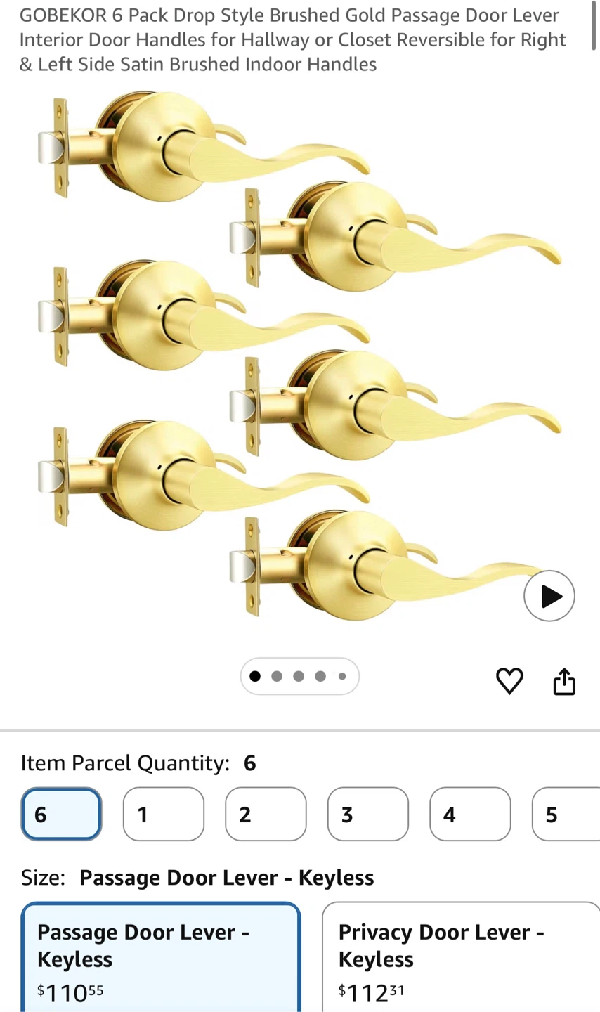 GOBEKOR 6 Pack Passage Door Levers - Satin Gold