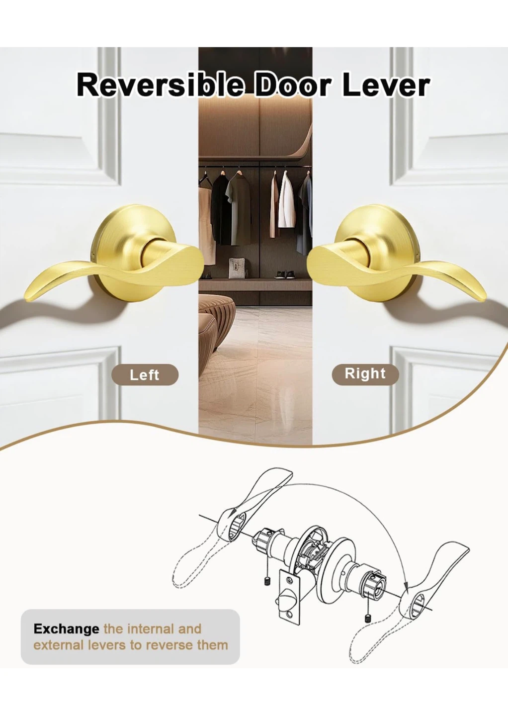 GOBEKOR 6 Pack Passage Door Levers - Satin Gold - photo 5