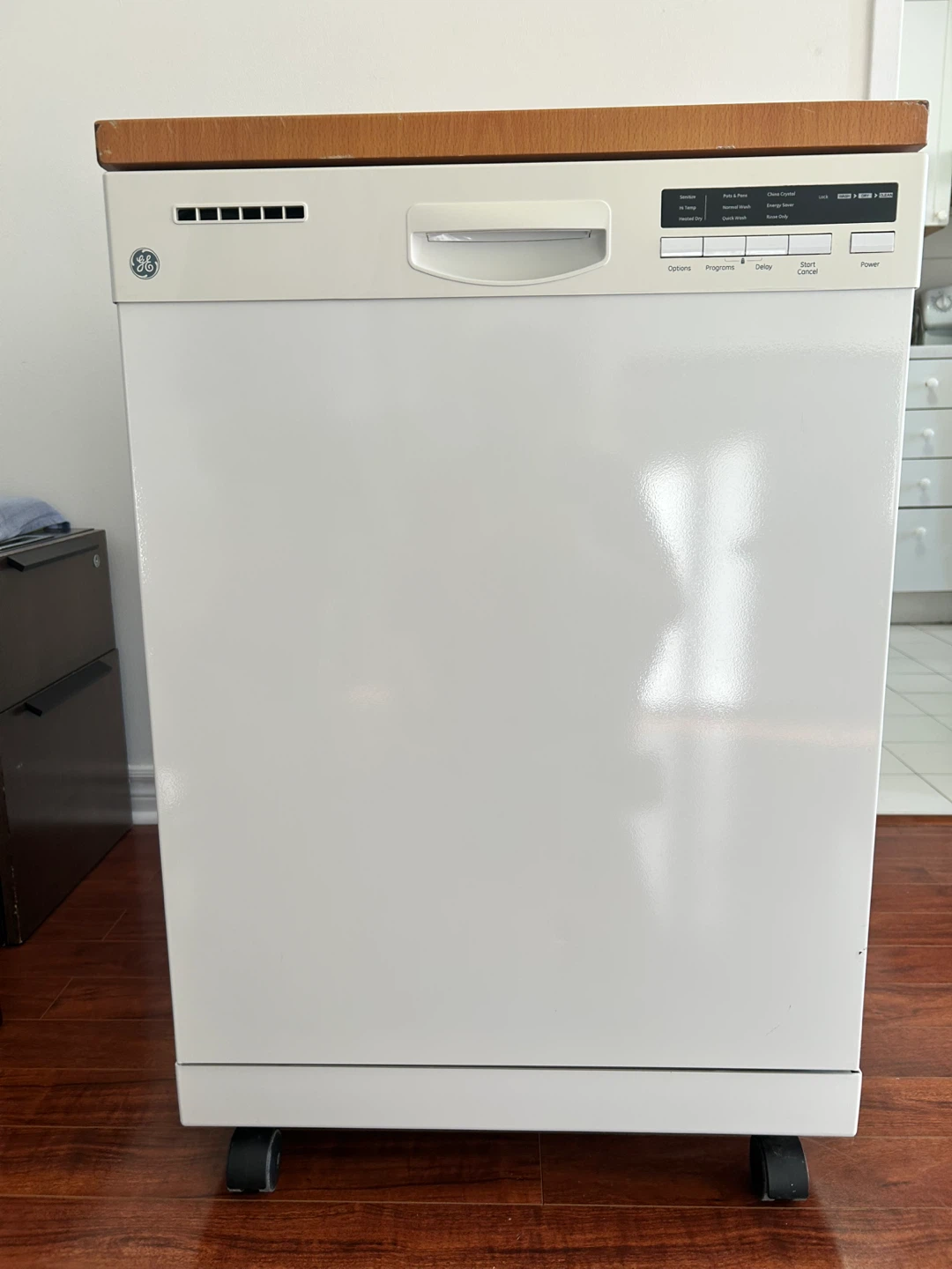 GE 24 inch Portable Dishwasher with Wood Top.