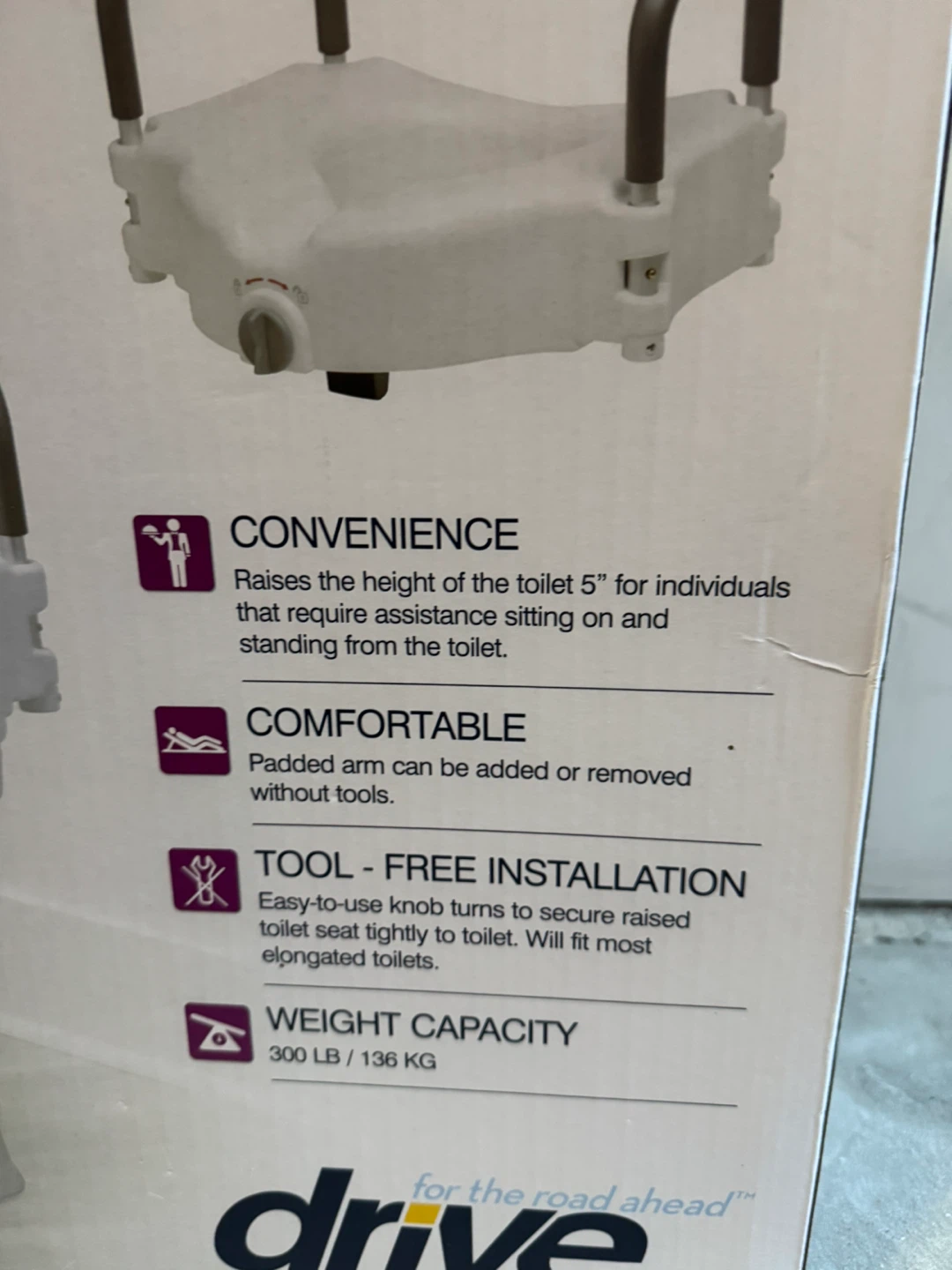 Drive Raised Toilet Seat with Removable Arms, 5" Height - photo 4