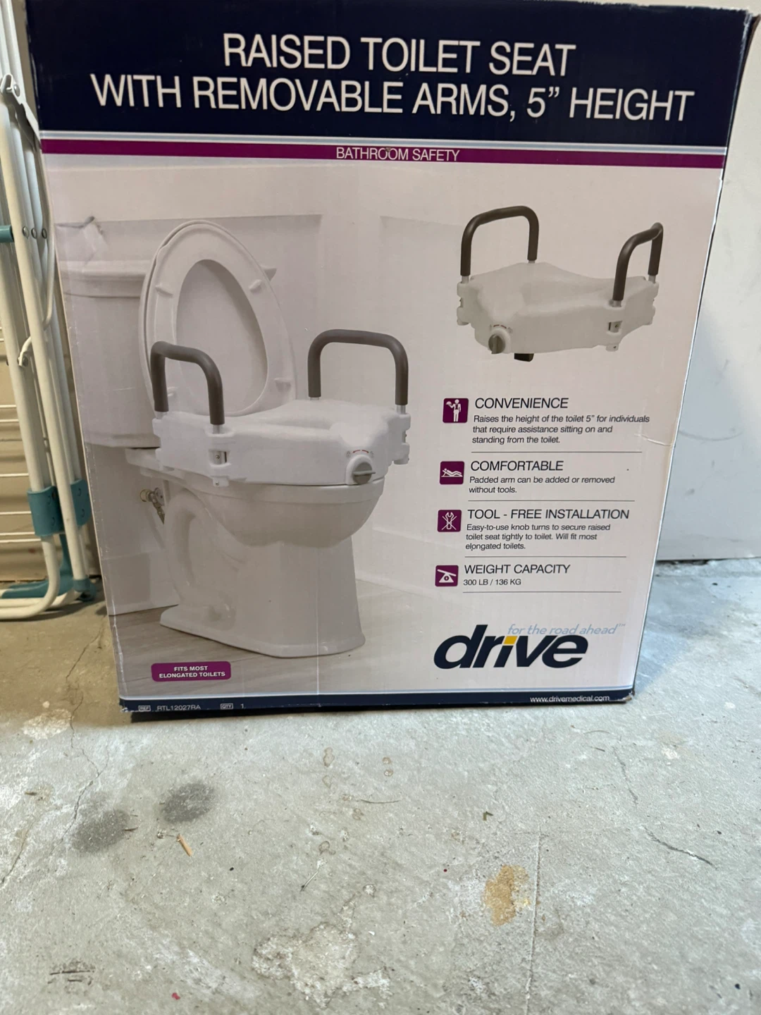 Drive Raised Toilet Seat with Removable Arms, 5" Height