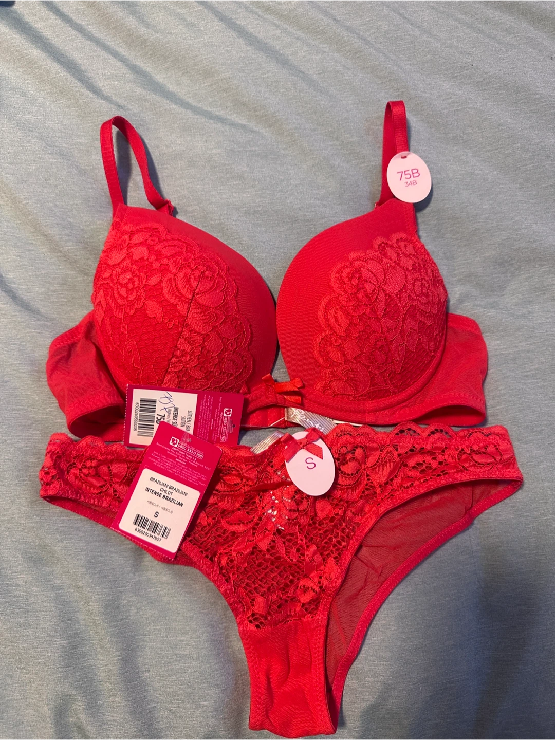 Penti Red Lace Bra & Brazilian Set — New with Tags (34B / S)