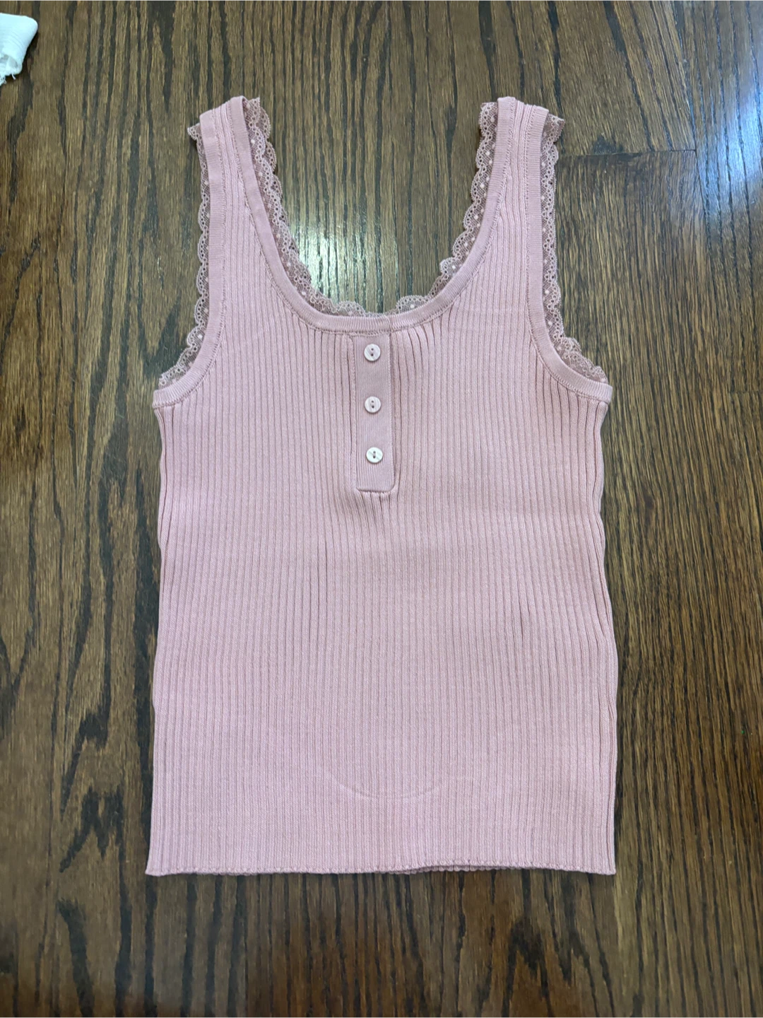 Pink Ribbed Tank Top with Lace Trim