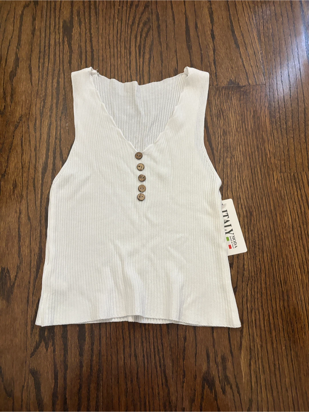 White Ribbed V-Neck Tank Top with Buttons