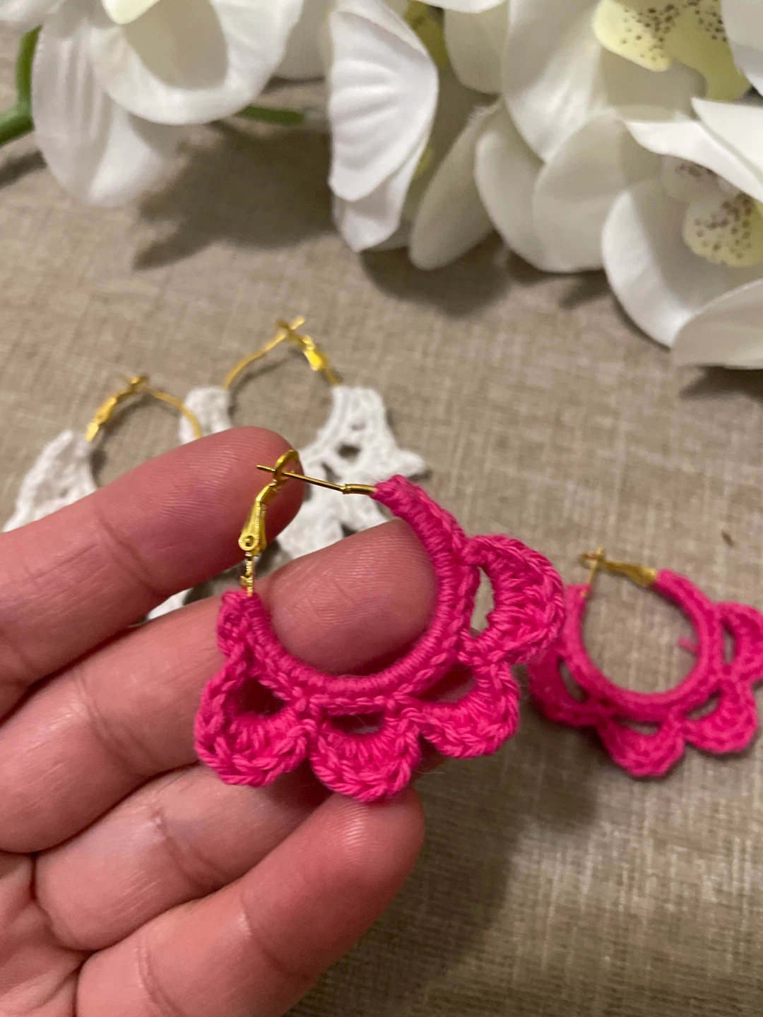 Handmade Crochet Hoop Earrings - Pink & White🏆 - photo 4