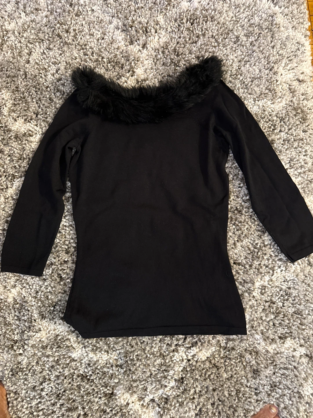 INC Black Faux Fur Trim Sweater