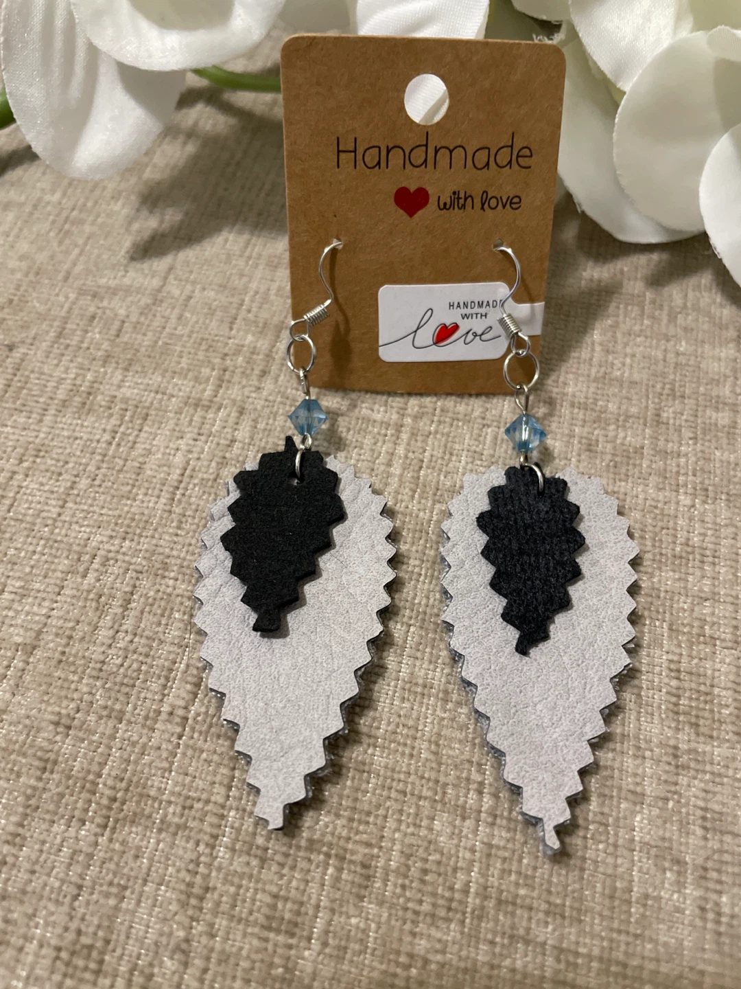 Handmade Leaf Earrings with Blue Beads🏆
