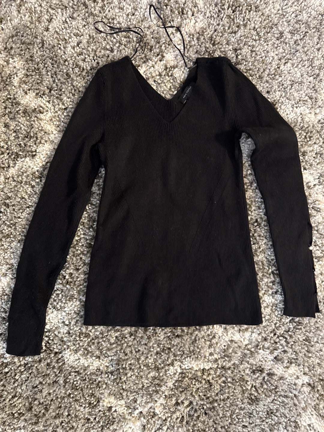 Ann Taylor Black Ribbed V-Neck Sweater with Pearl Details
