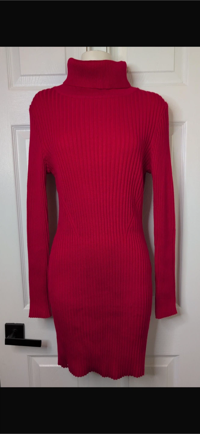 NEW! Bodycon Knit Red Ribbed Turtleneck Sweater Dress - photo 4