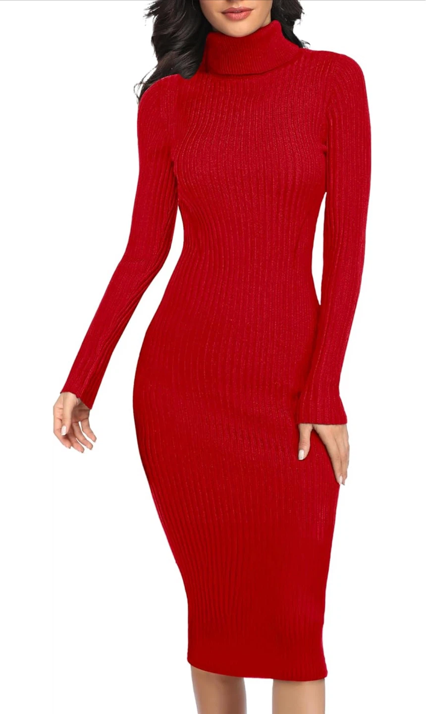 NEW! Bodycon Knit Red Ribbed Turtleneck Sweater Dress