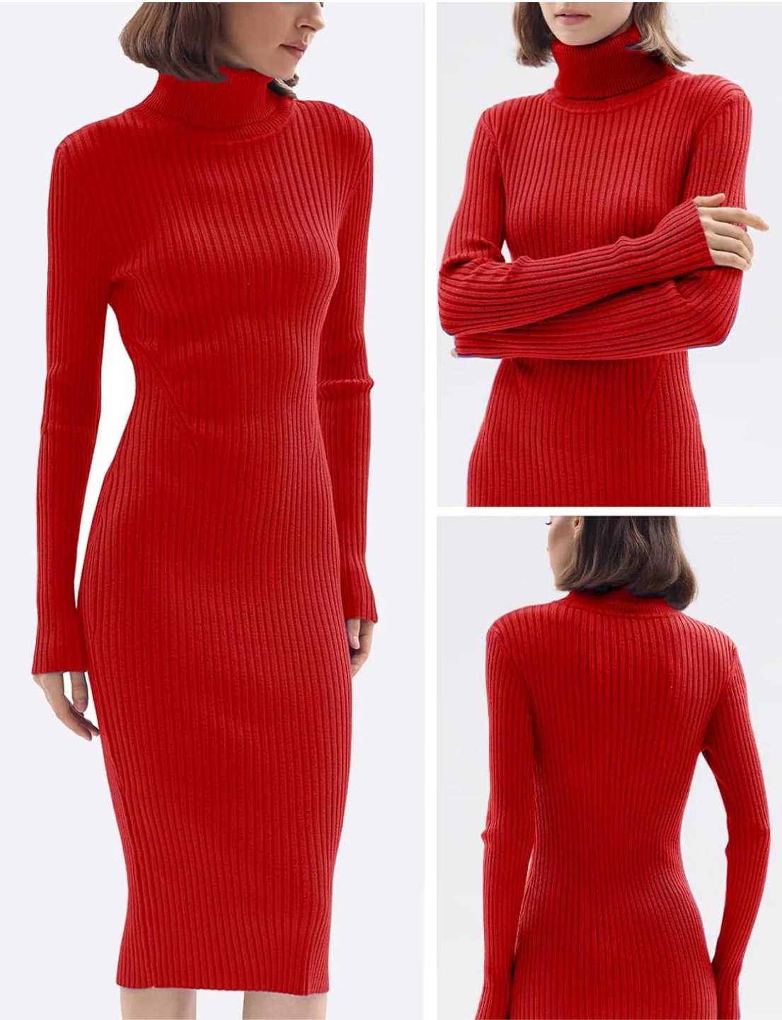 NEW! Bodycon Knit Red Ribbed Turtleneck Sweater Dress - photo 3