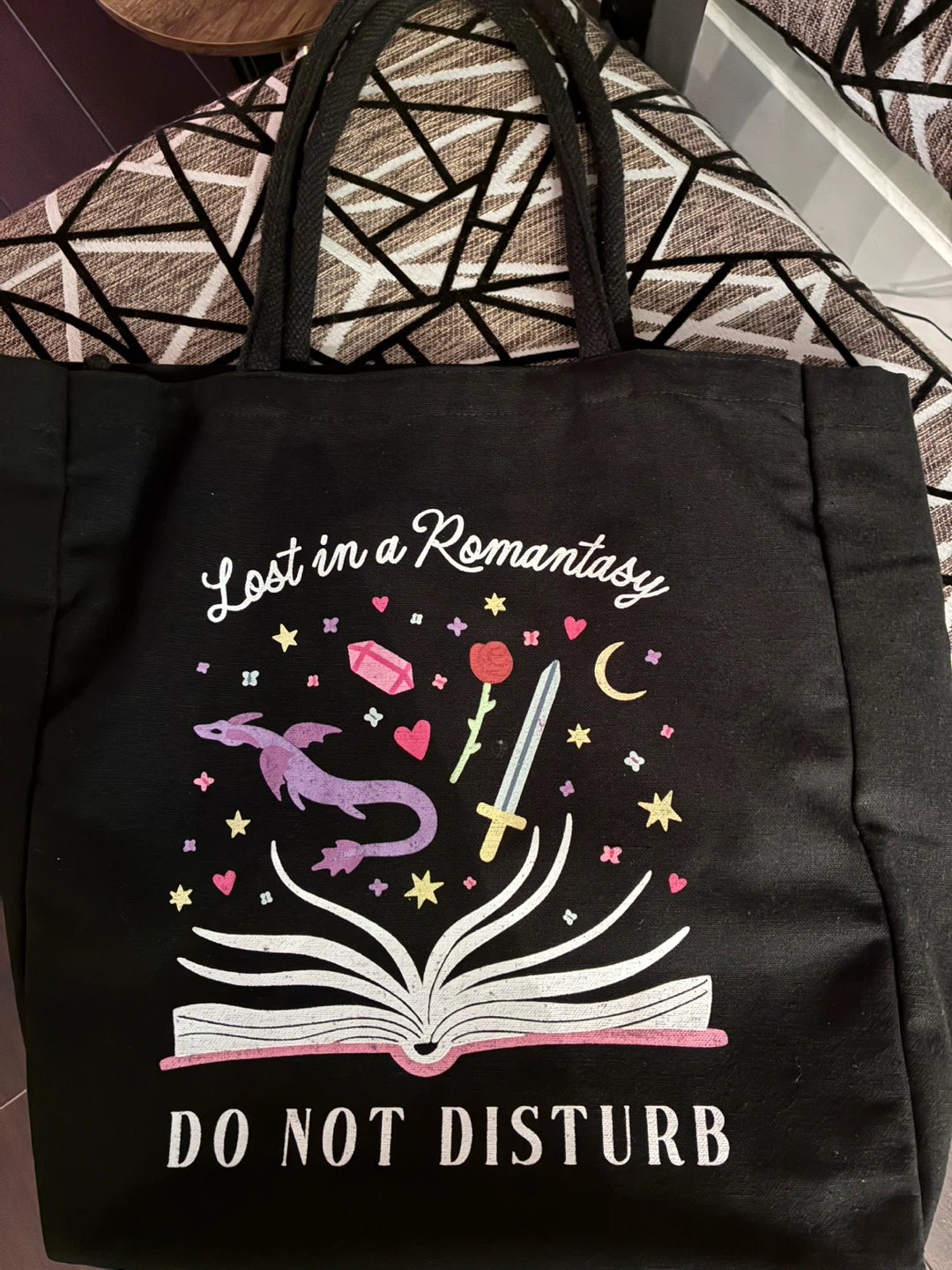 Black Canvas Tote Bag "Lost in a Romantasy"