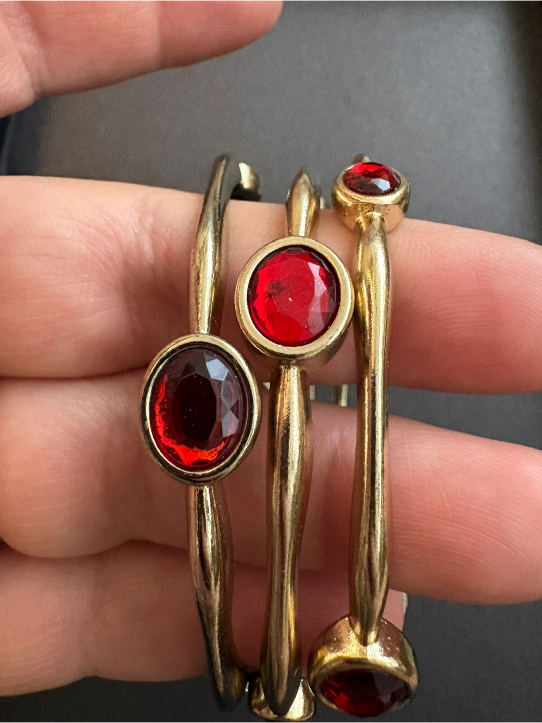 Set of 3 Gold-Tone Bracelets with Red Gems