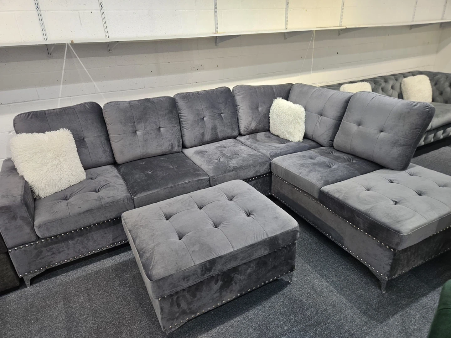 Grey Velvet Sectional Sofa with Ottoman