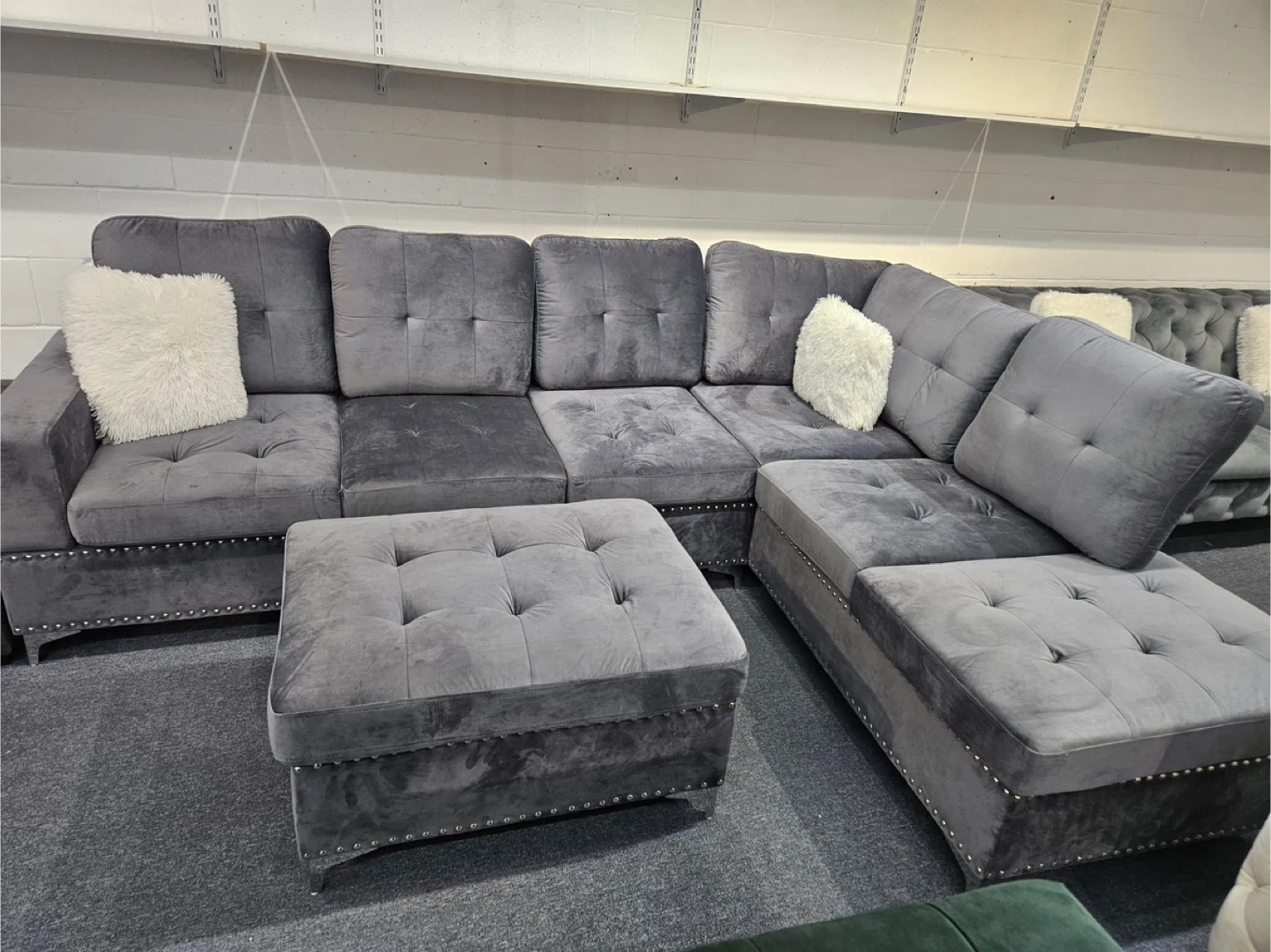 Grey Velvet Sectional Sofa with Ottoman - photo 2