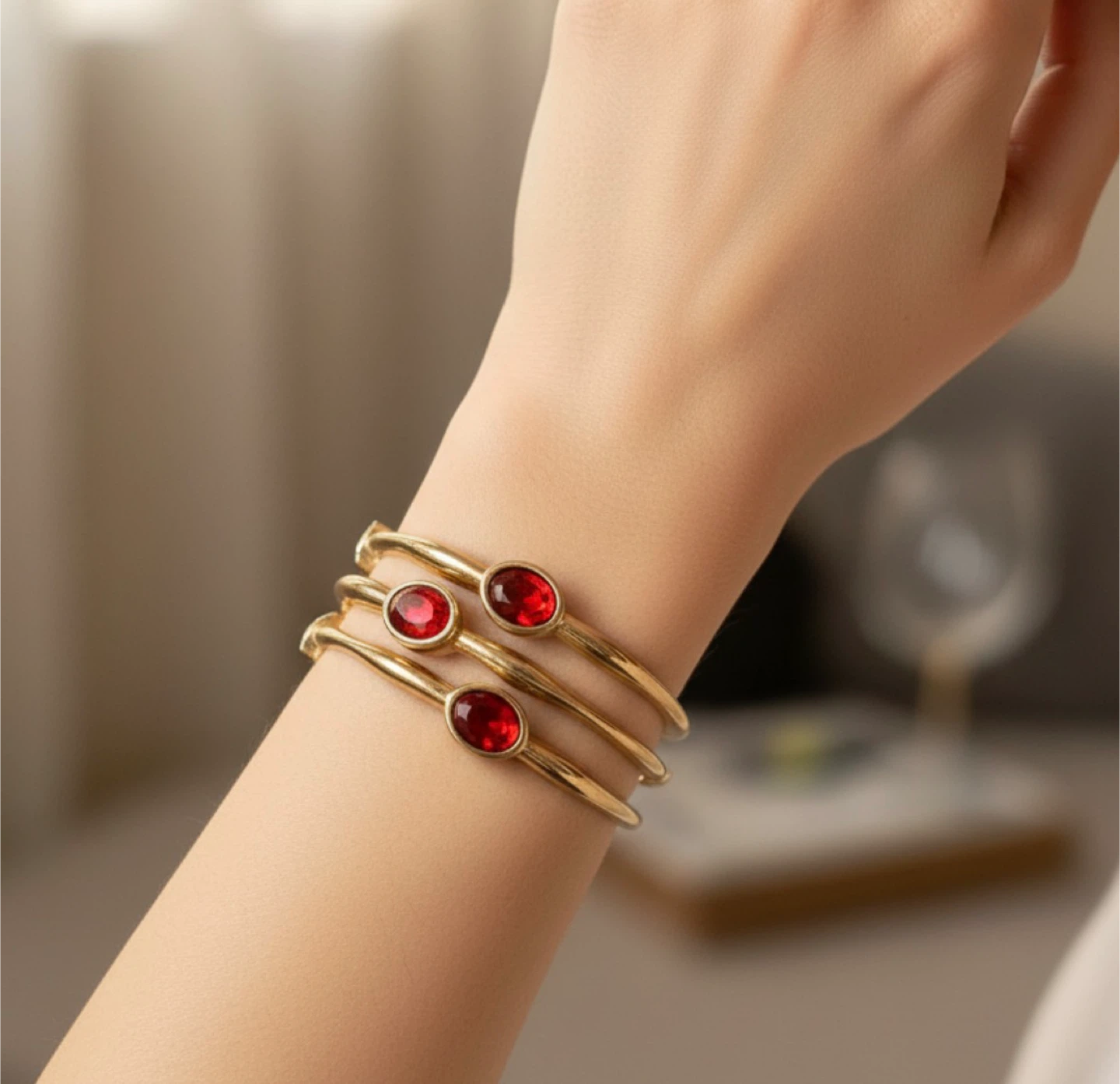 Set of 3 Gold-Tone Bracelets with Red Gems - photo 5