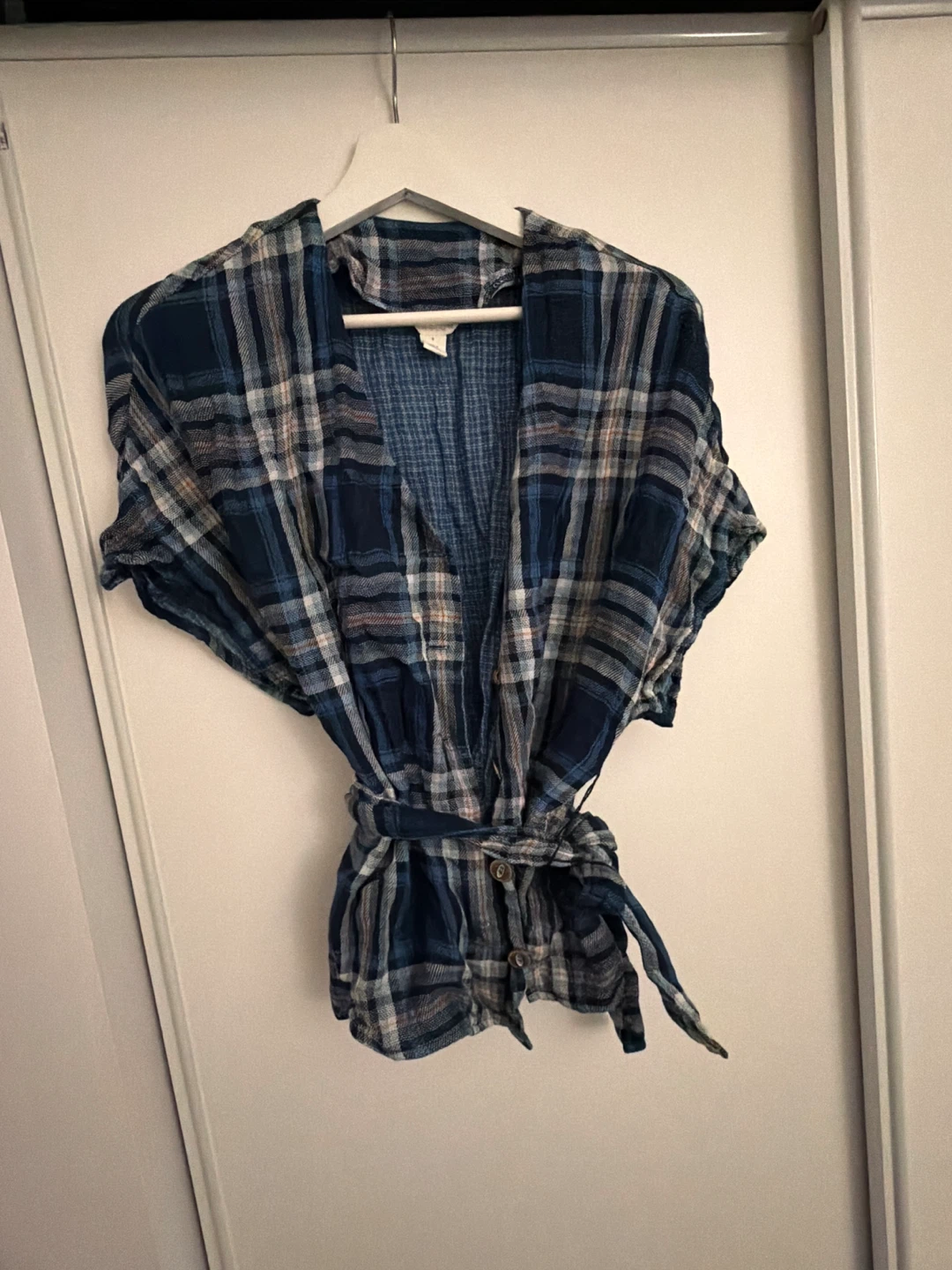 Blue Plaid Tie-Waist Kimono-Style Top